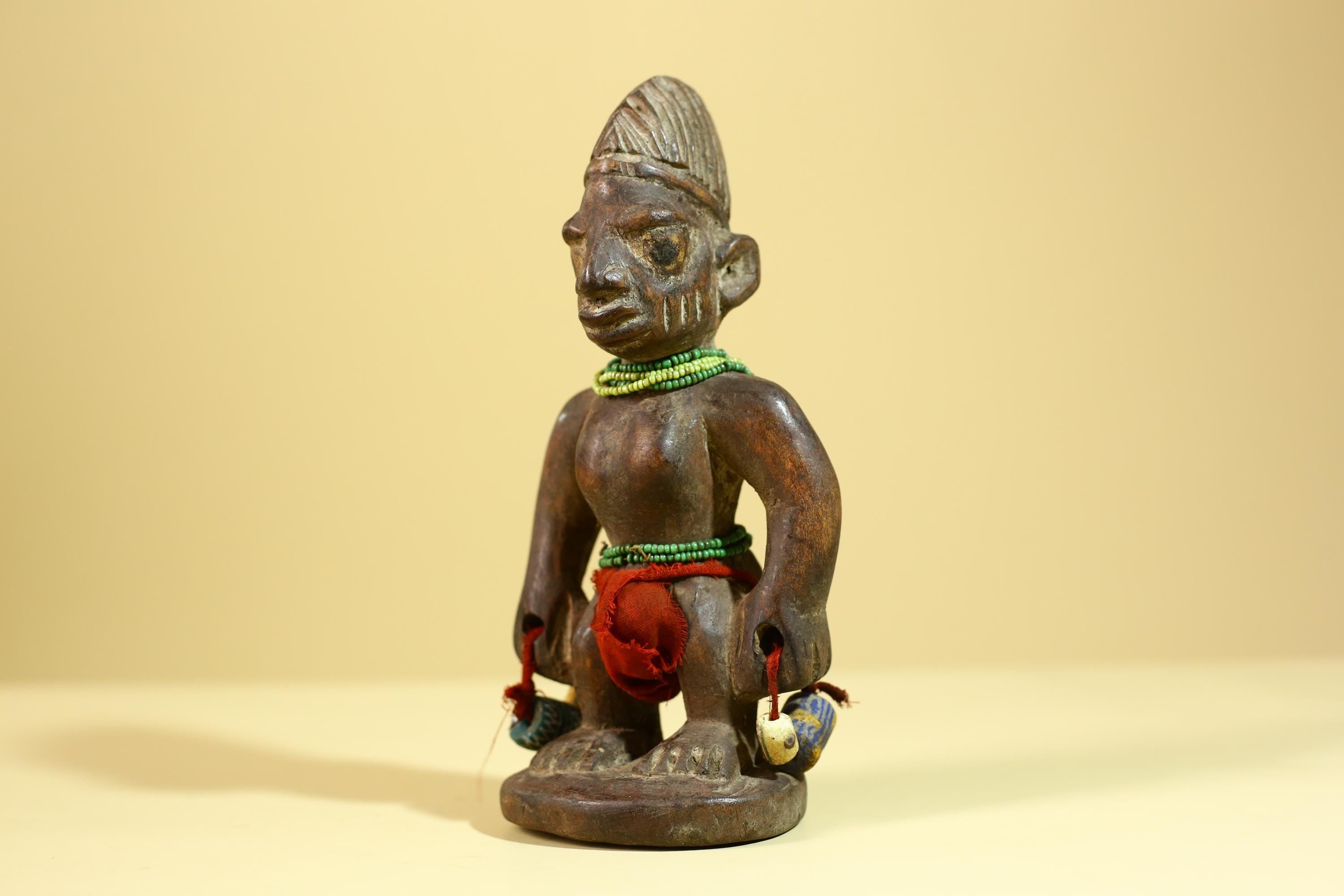 African Wooden Ibeji Figure with Beads Tribal Handmade Ritual Sculpture-G6246