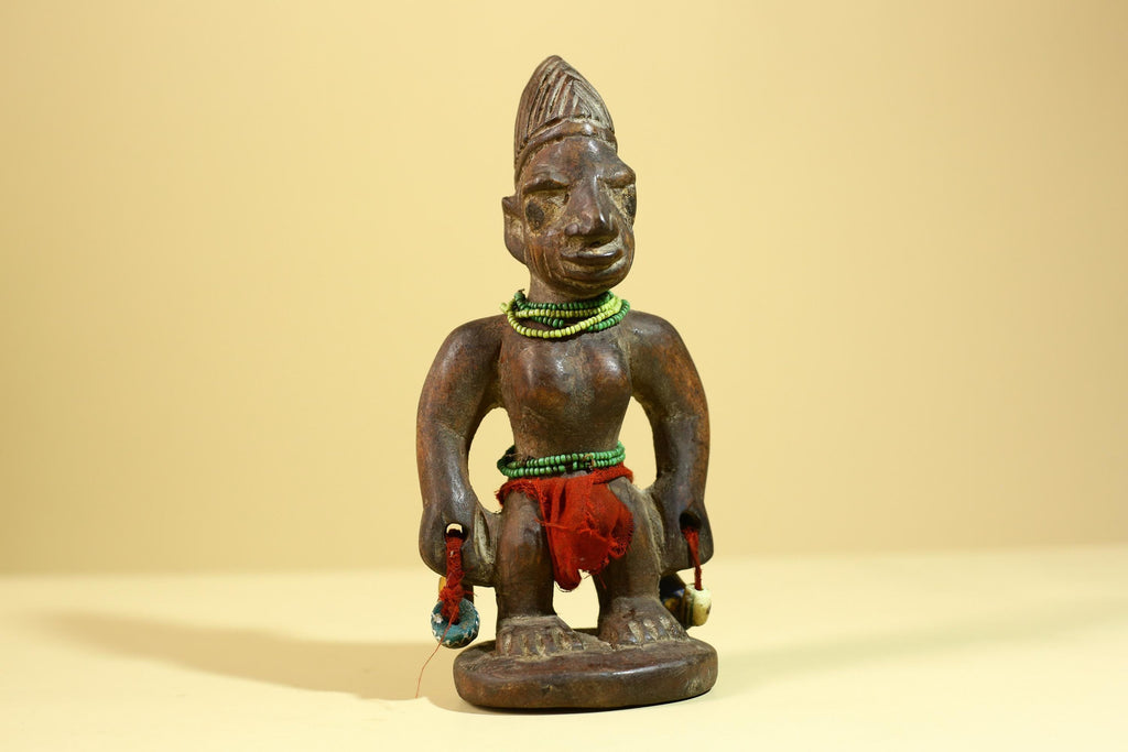 African Wooden Ibeji Figure with Beads Tribal Handmade Ritual Sculpture-G6246