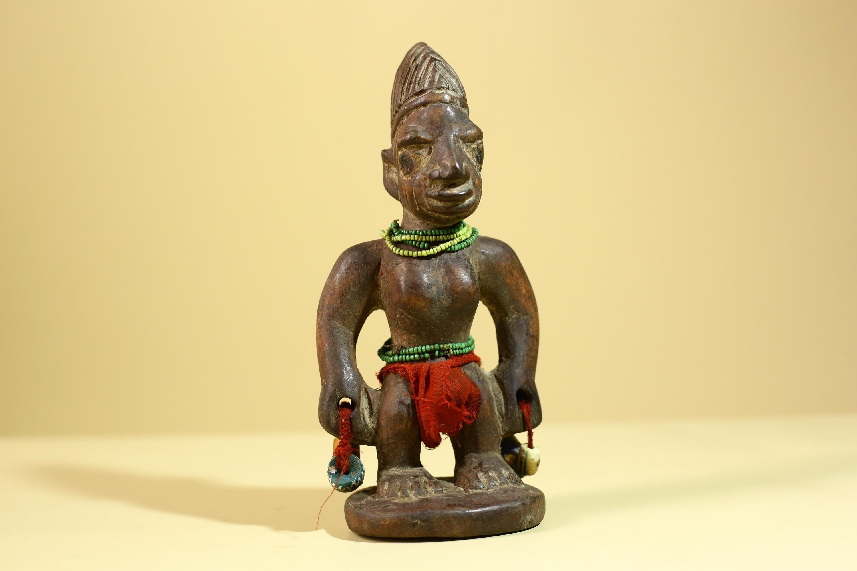 African Wooden Ibeji Figure with Beads Tribal Handmade Ritual Sculpture-G6246