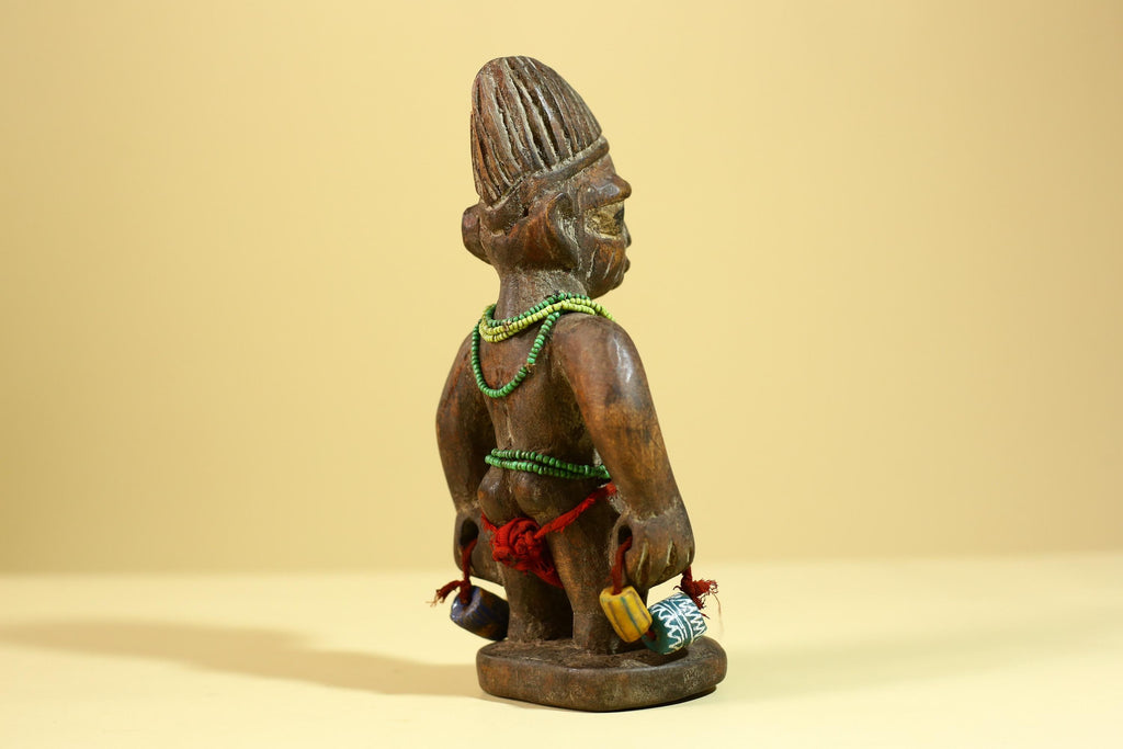 African Wooden Ibeji Figure with Beads Tribal Handmade Ritual Sculpture-G6246