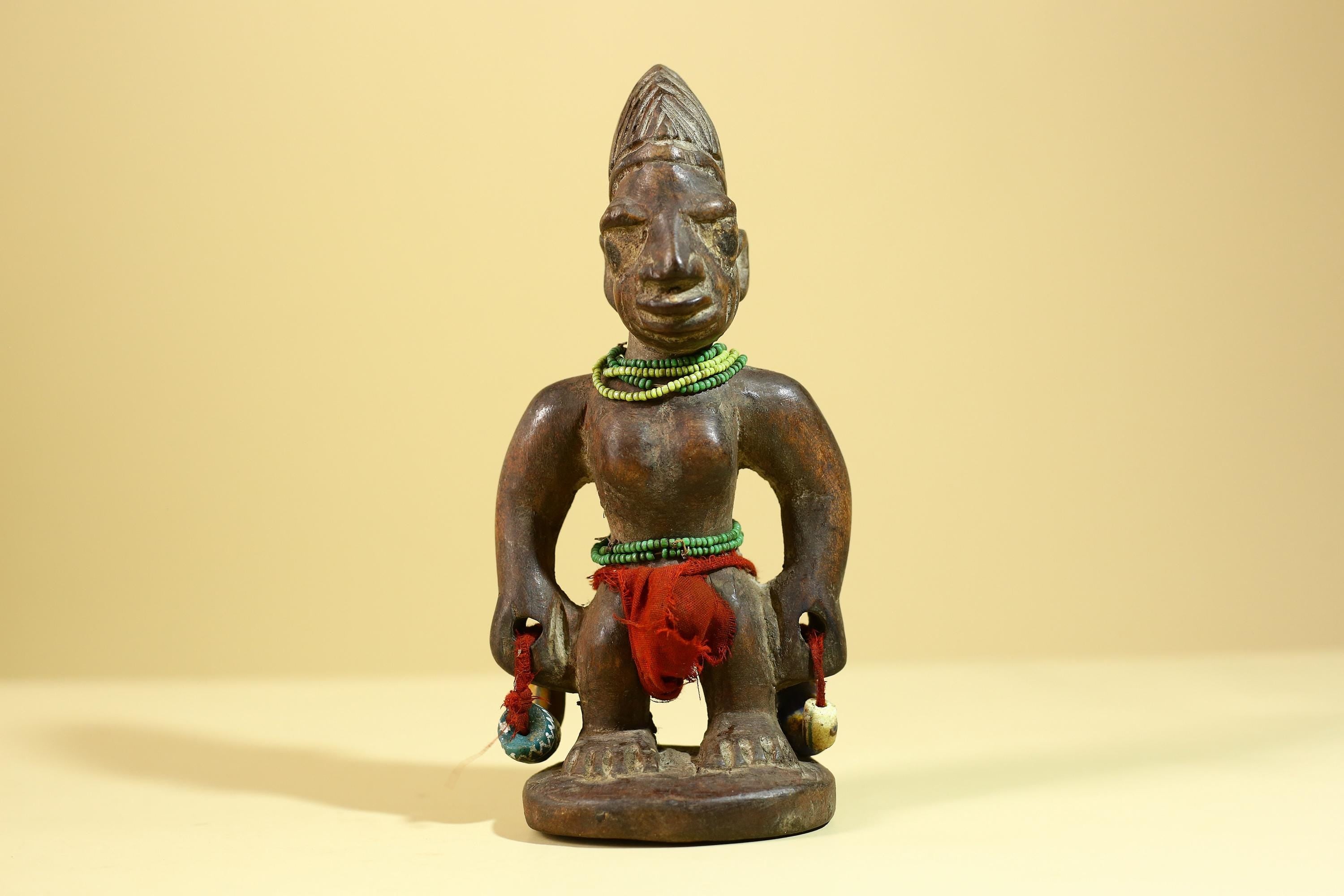 African Wooden Ibeji Figure with Beads Tribal Handmade Ritual Sculpture-G6246