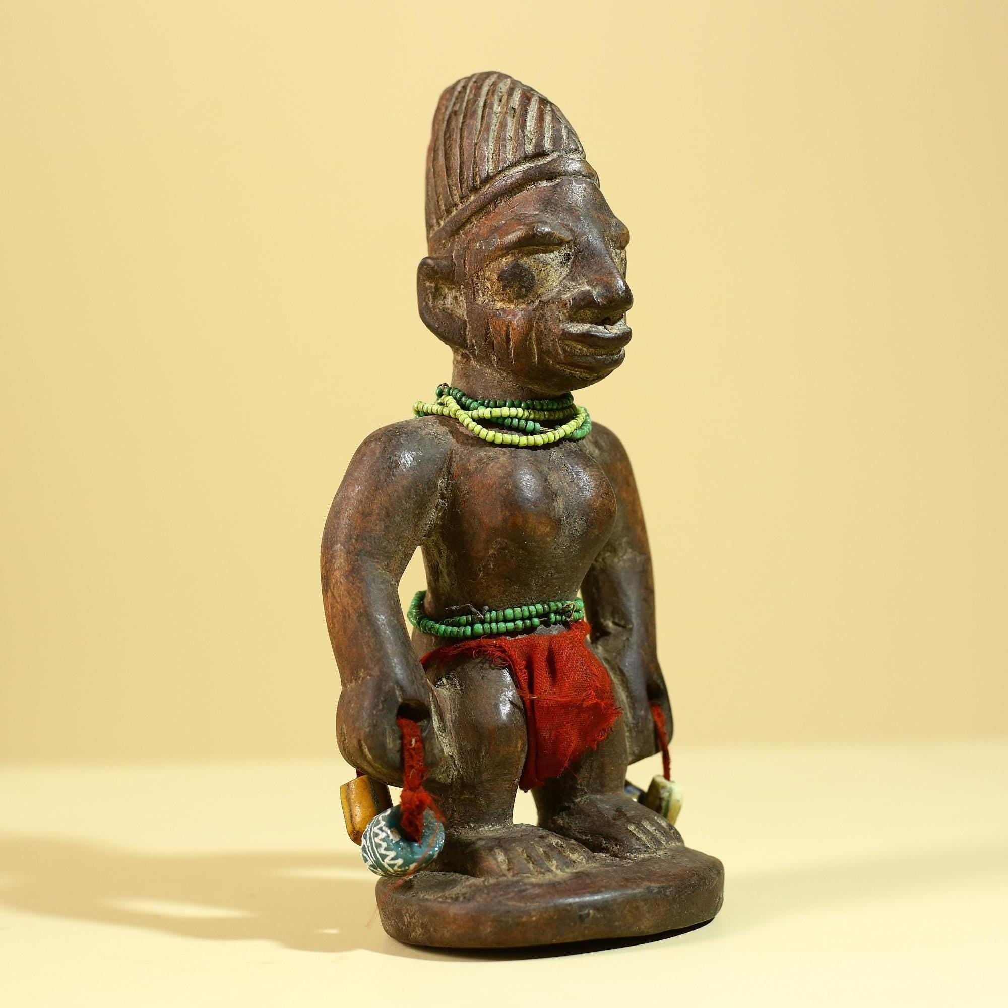 African Wooden Ibeji Figure with Beads Tribal Handmade Ritual Sculpture-G6246