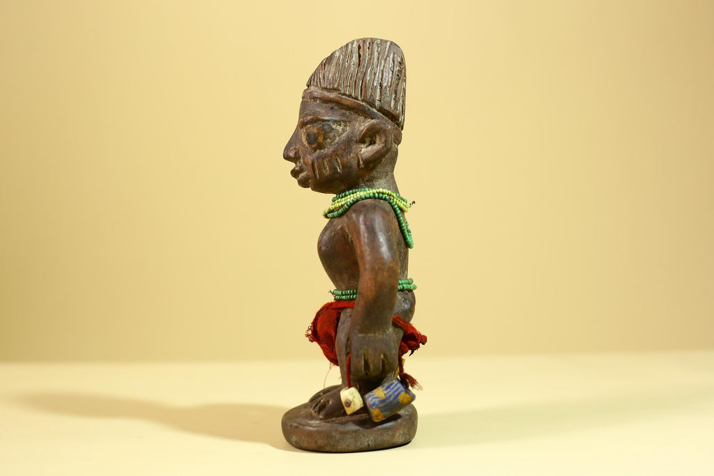 African Wooden Ibeji Figure with Beads Tribal Handmade Ritual Sculpture-G6246
