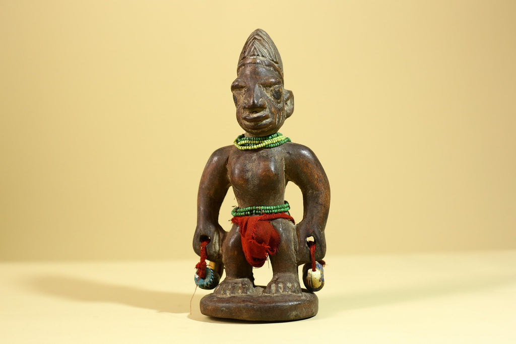 African Wooden Ibeji Figure with Beads Tribal Handmade Ritual Sculpture-G6246