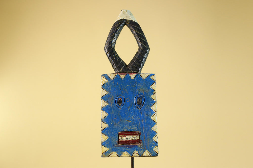 African Bwa Mask Blue Painted Wood Tribal Handmade Vintage African Art-G6248
