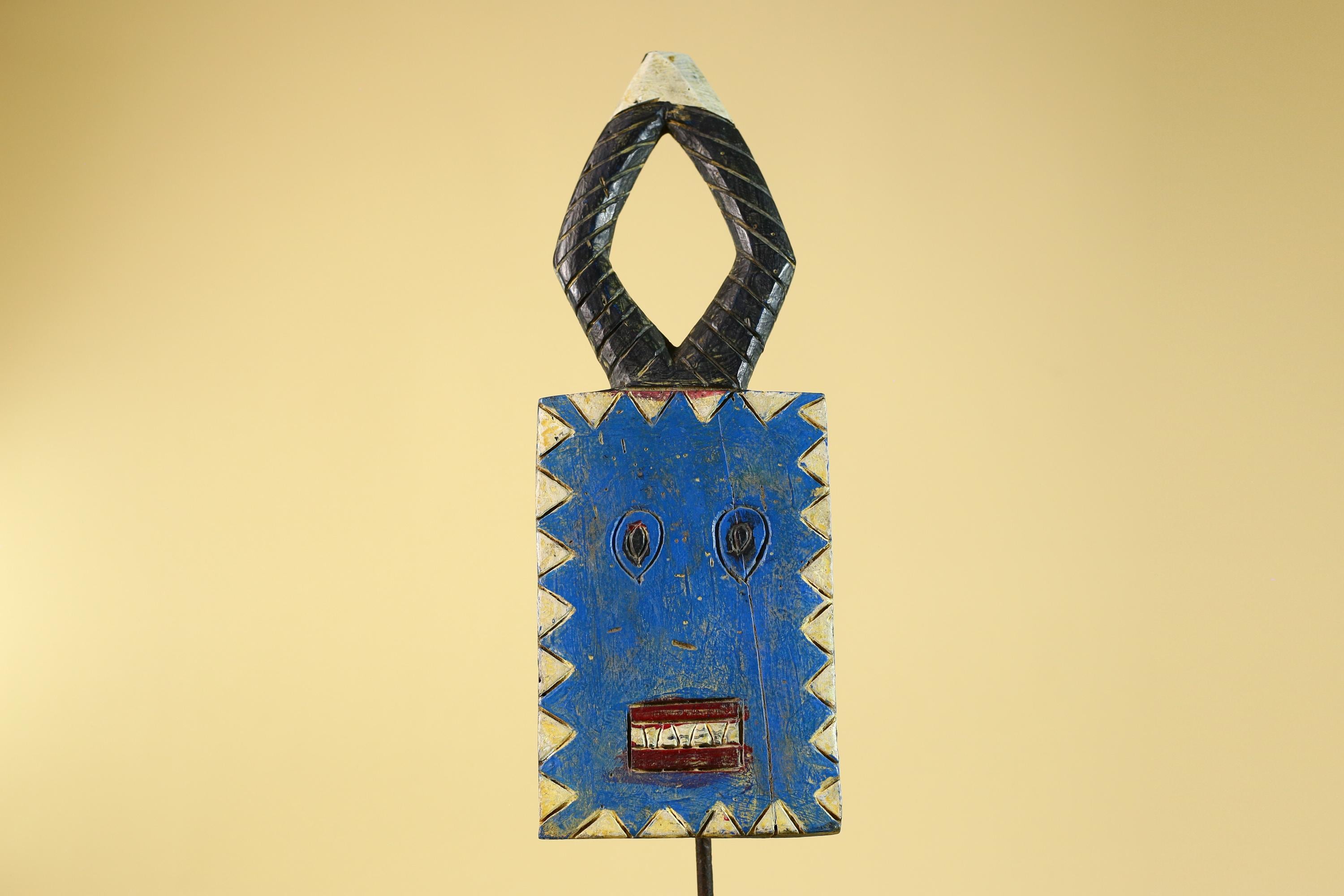 African Bwa Mask Blue Painted Wood Tribal Handmade Vintage African Art-G6248