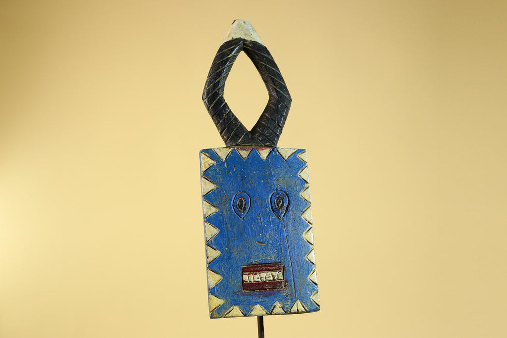 African Bwa Mask Blue Painted Wood Tribal Handmade Vintage African Art-G6248
