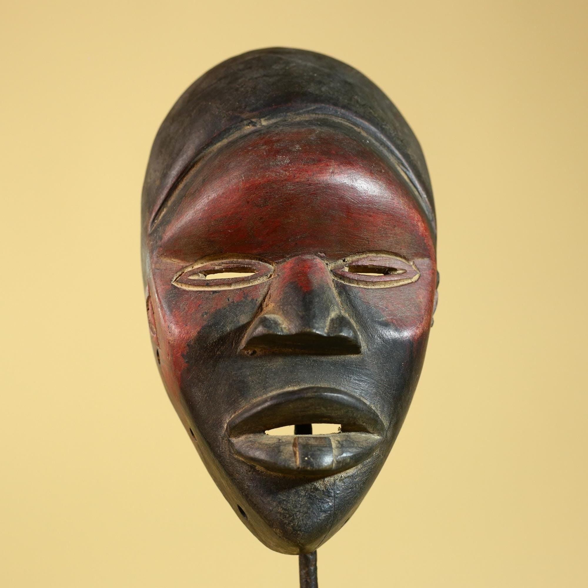 African Dan Tribal Art Hand Carved Wood Red Black Mask Vintage Decor-G6253