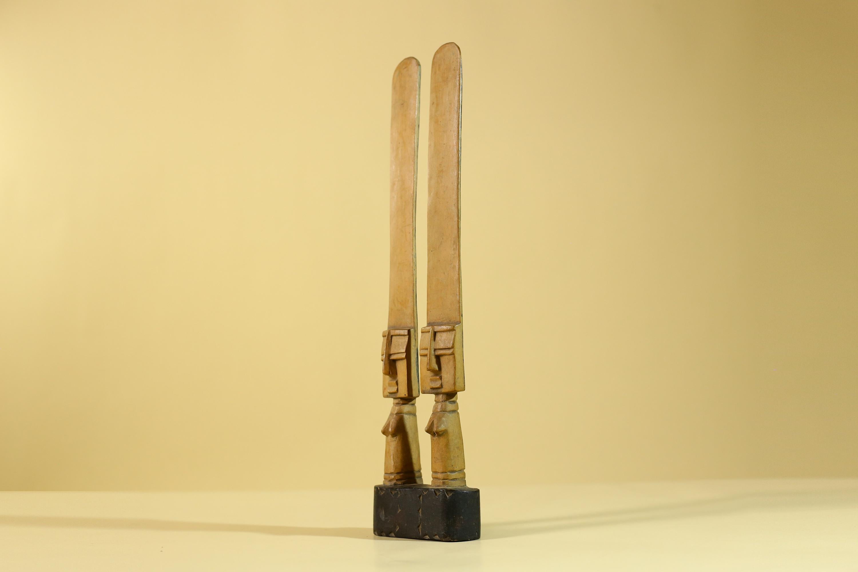African Wooden Twin Figure Sculpture  Elongated Tribal Art, Hand Carved-G6256