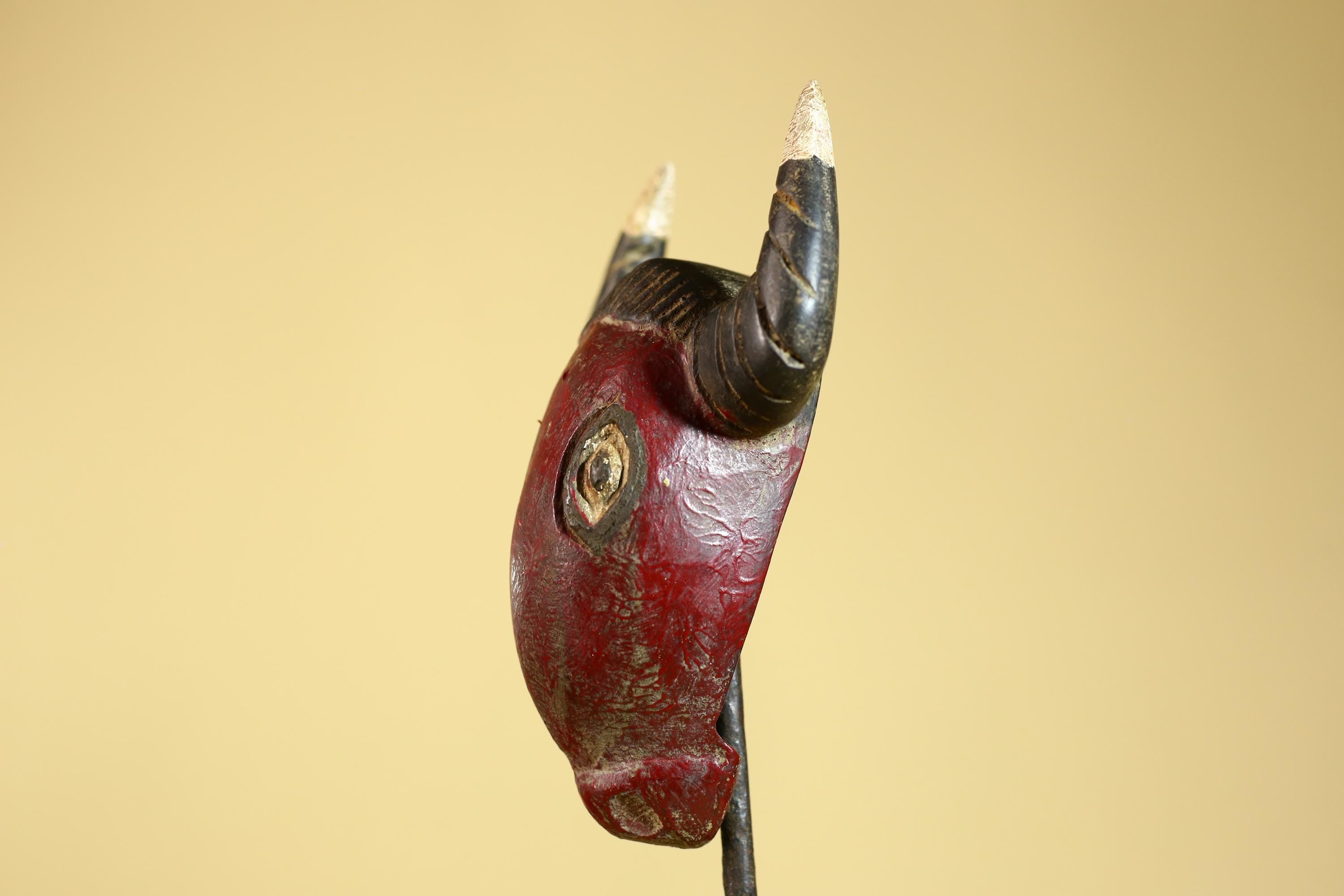 African Horned Mask Red Wooden African Art Tribal Wall Handmade Decor-G6259