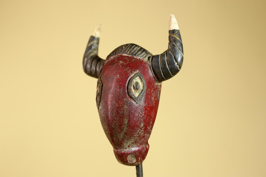 African Horned Mask Red Wooden African Art Tribal Wall Handmade Decor-G6259