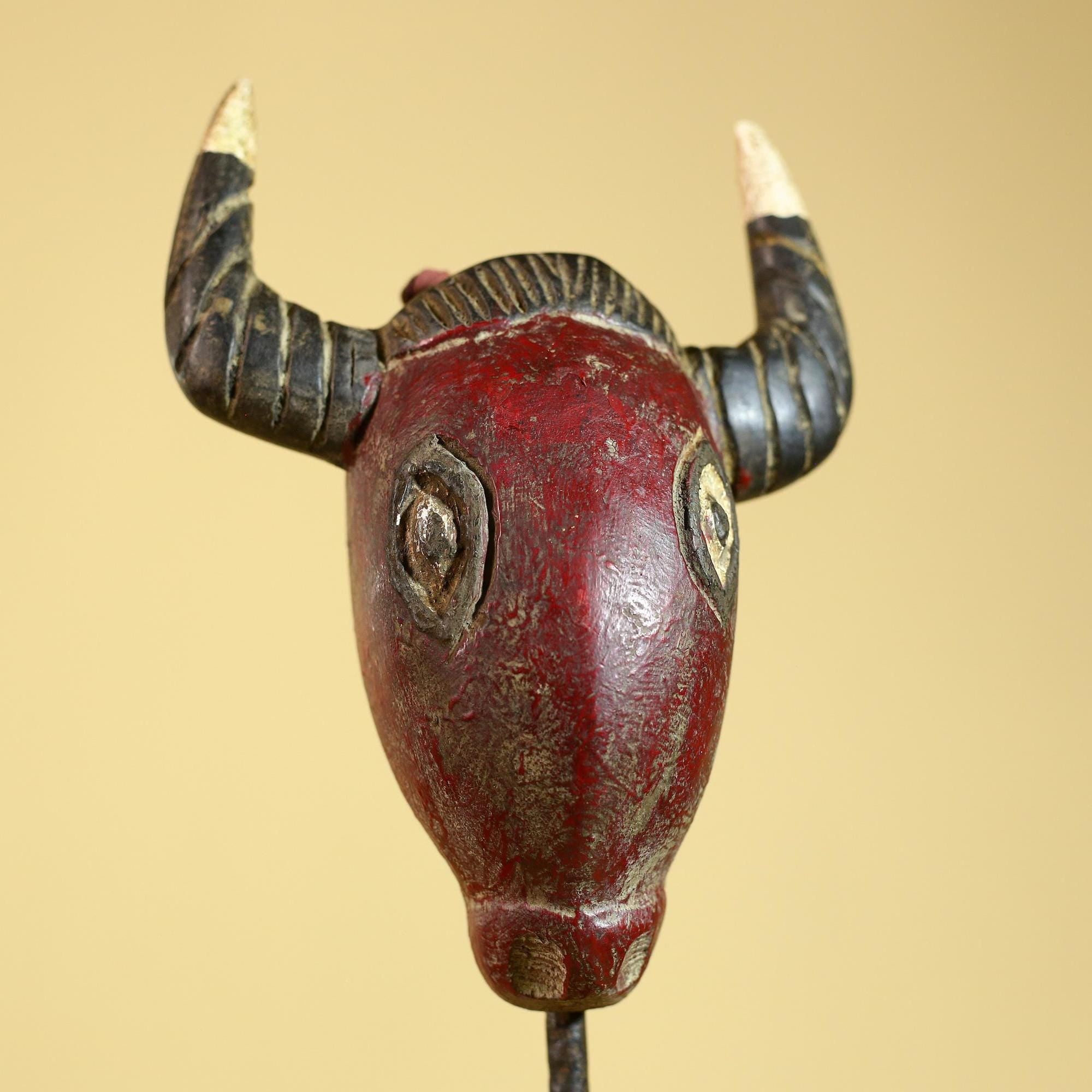 African Horned Mask Red Wooden African Art Tribal Wall Handmade Decor-G6259
