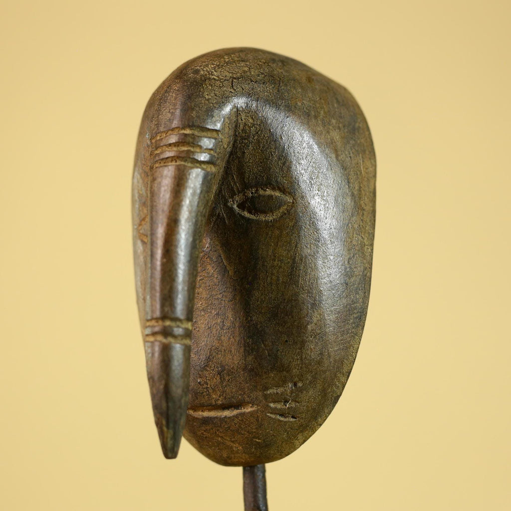 African Wooden Mask with Elongated Nose, Hand Carved Tribal Wood Art- G6264
