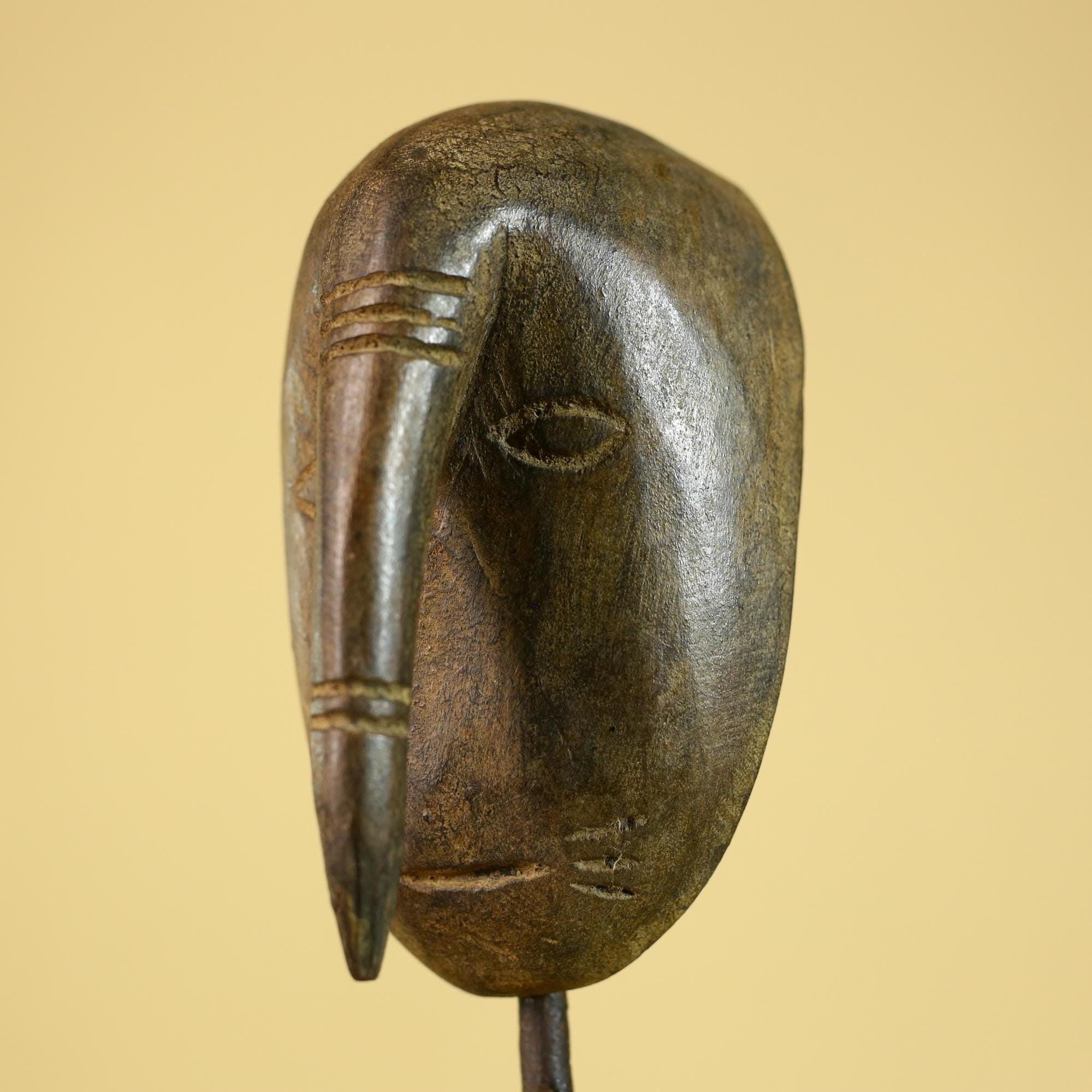 African Wooden Mask with Elongated Nose, Hand Carved Tribal Wood Art- G6264