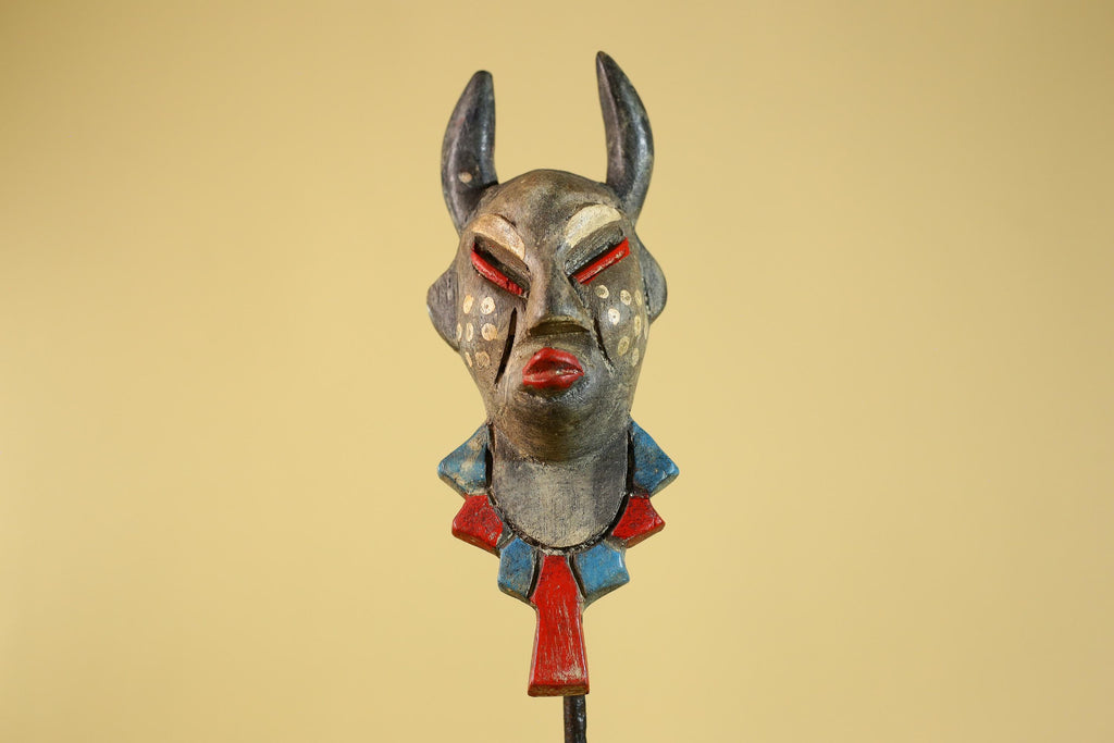 African Horned Ritual Mask,  Hand Carved Painted Tribal Ceremonial Art- G6265