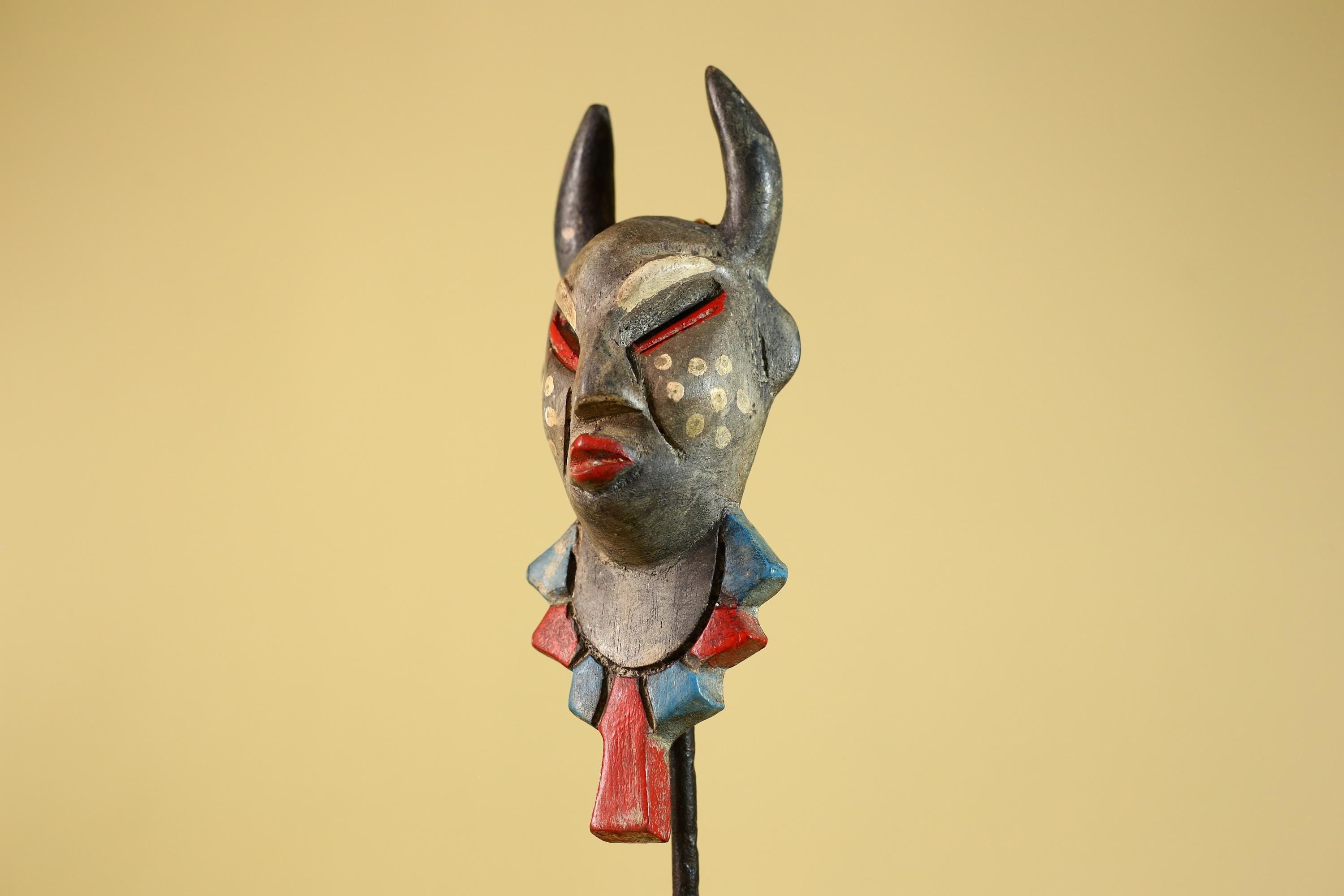 African Horned Ritual Mask,  Hand Carved Painted Tribal Ceremonial Art- G6265