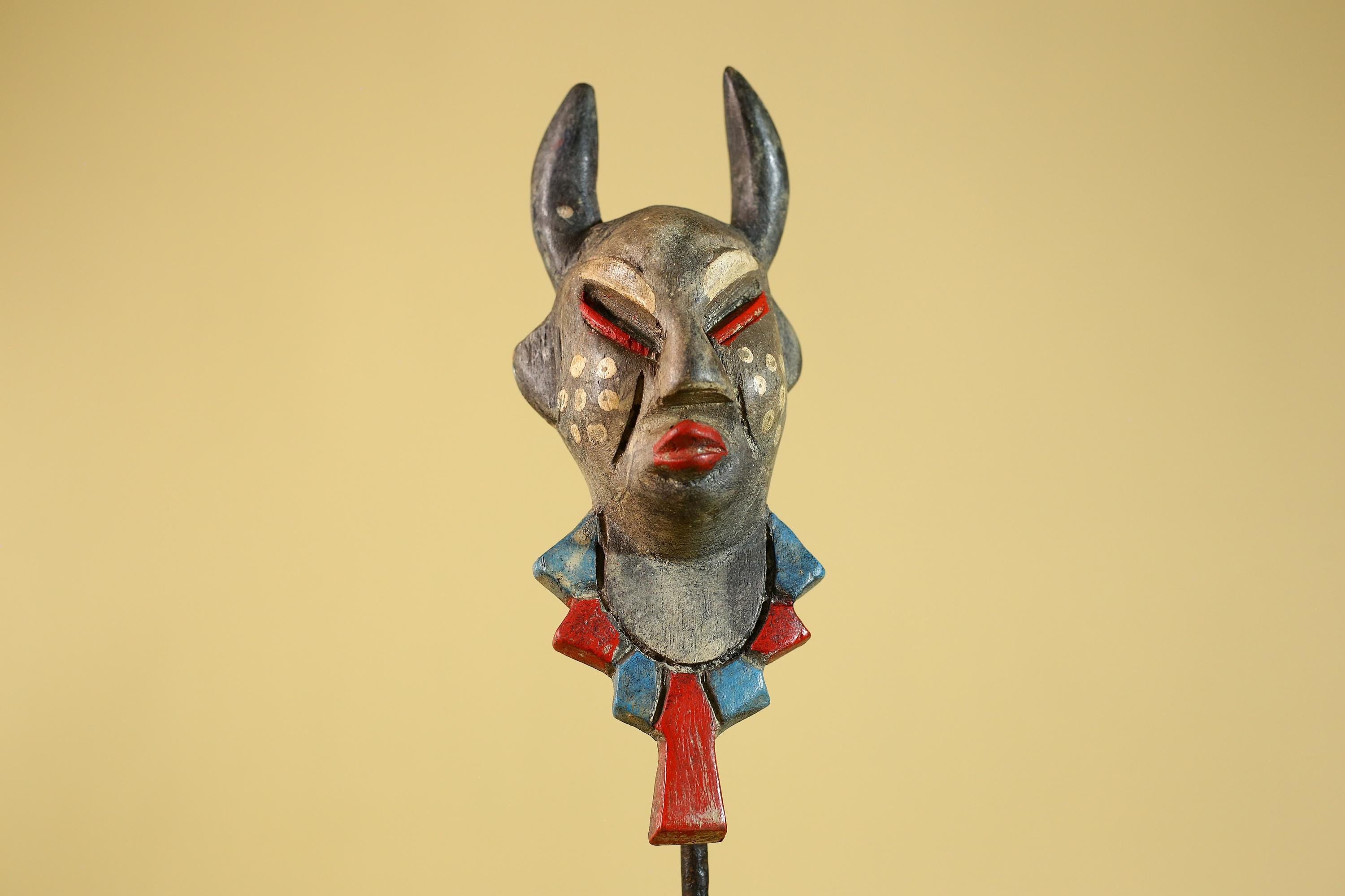 African Horned Ritual Mask,  Hand Carved Painted Tribal Ceremonial Art- G6265