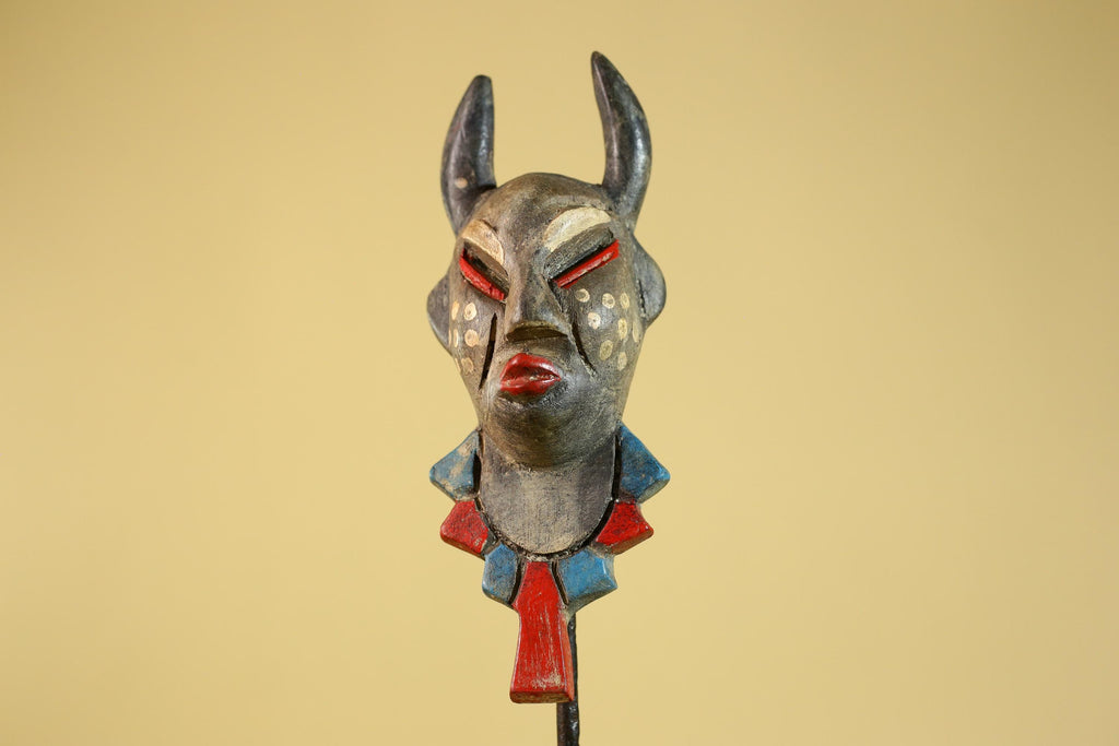 African Horned Ritual Mask,  Hand Carved Painted Tribal Ceremonial Art- G6265
