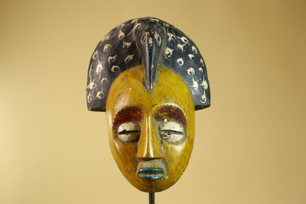 African Painted Wooden Mask with Patterned Headdress, Hand-Carved Tribal Wall Art-G6267