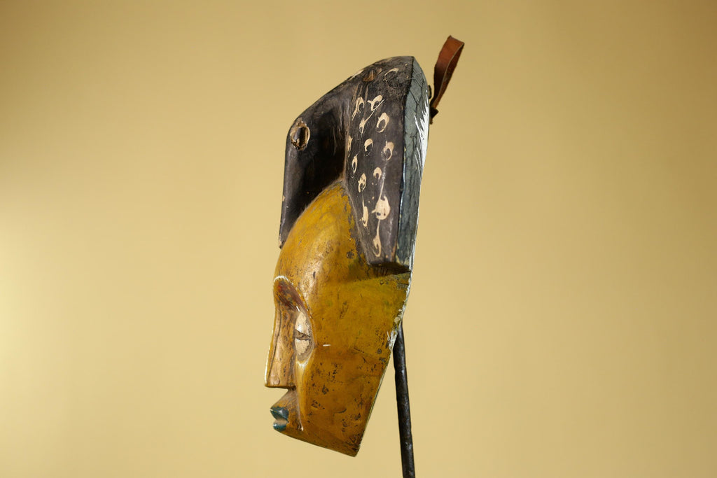 African Painted Wooden Mask with Patterned Headdress, Hand-Carved Tribal Wall Art-G6267