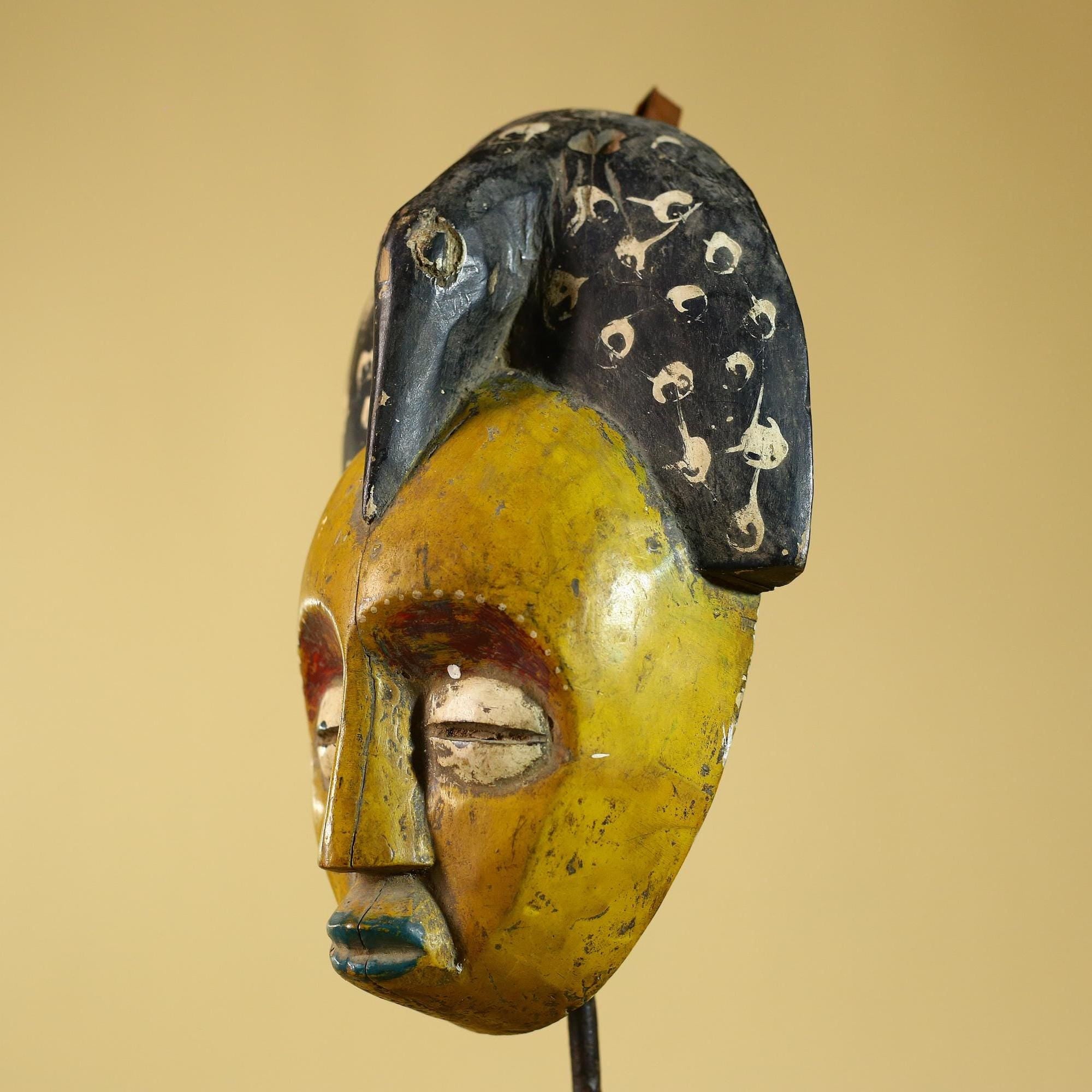 African Painted Wooden Mask with Patterned Headdress, Hand-Carved Tribal Wall Art-G6267