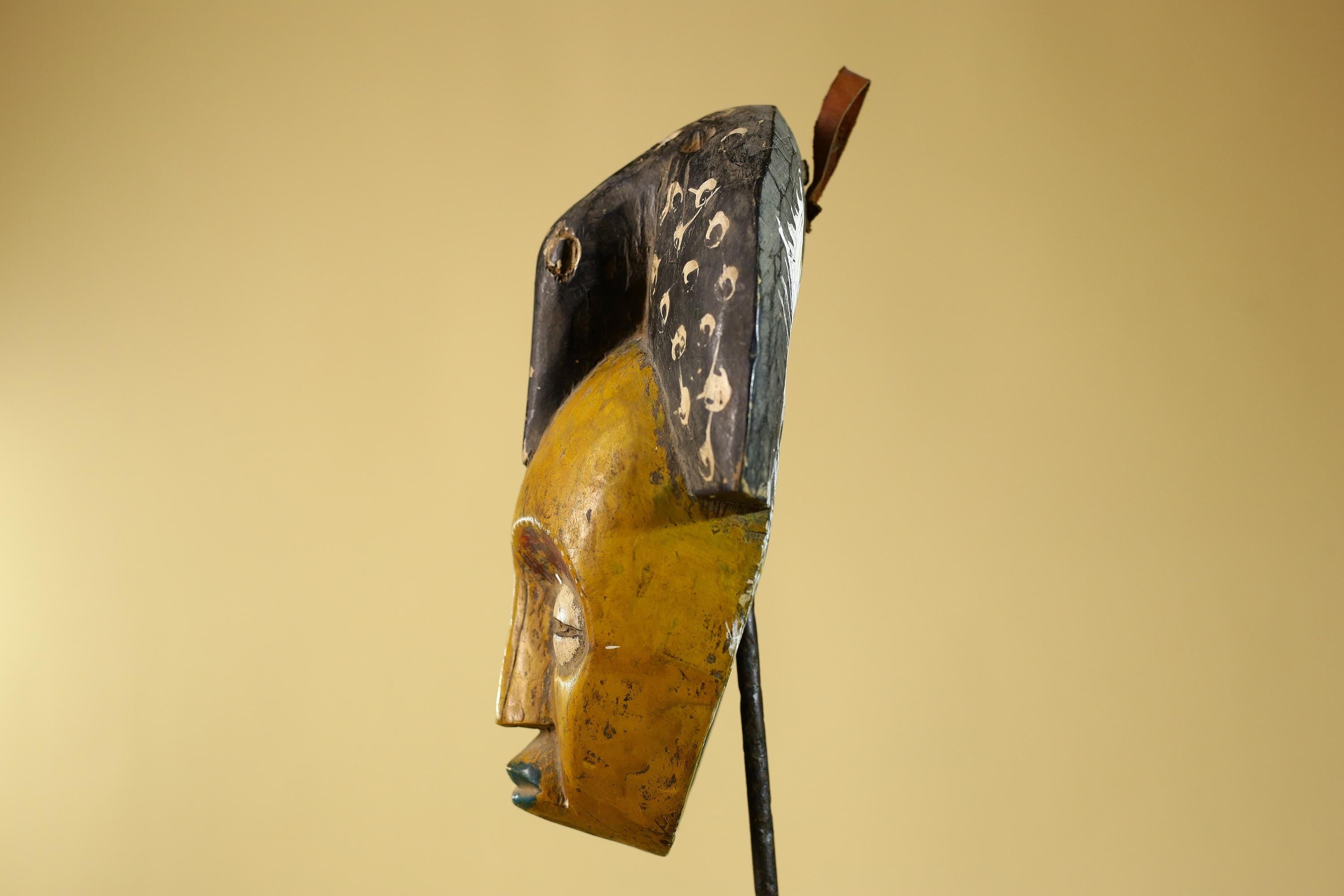 African Painted Wooden Mask with Patterned Headdress, Hand-Carved Tribal Wall Art-G6267