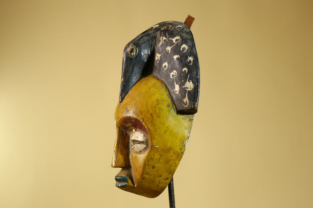 African Painted Wooden Mask with Patterned Headdress, Hand-Carved Tribal Wall Art-G6267