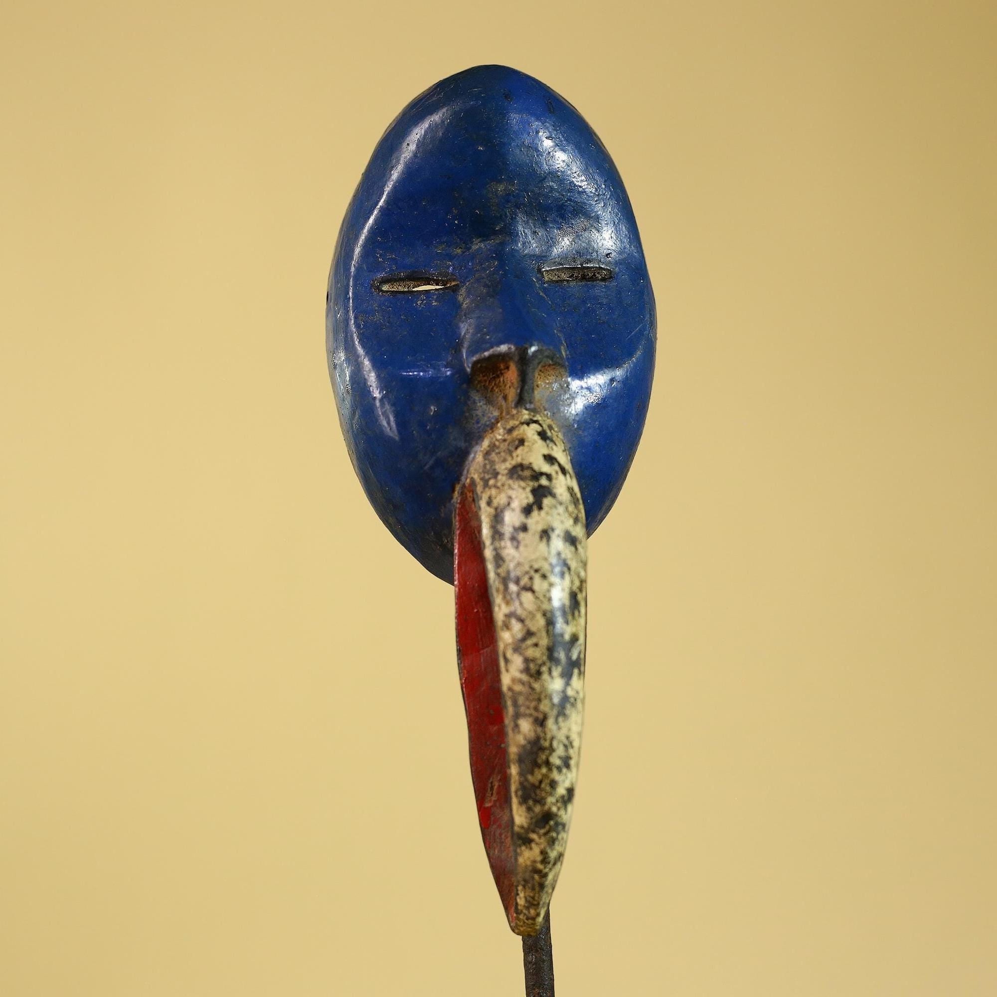 African Dan Bird Mask, Blue Carved Wood Ritual Mask from West Africa- G6269