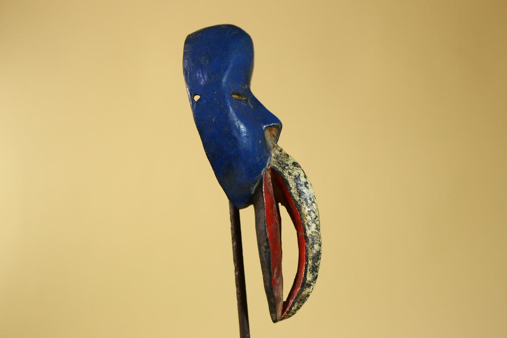 African Dan Bird Mask, Blue Carved Wood Ritual Mask from West Africa- G6269