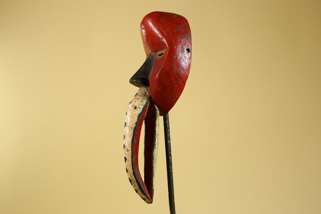 African Dan Bird Mask – Red Painted Wooden Ritual Mask with Long Beak- G6270