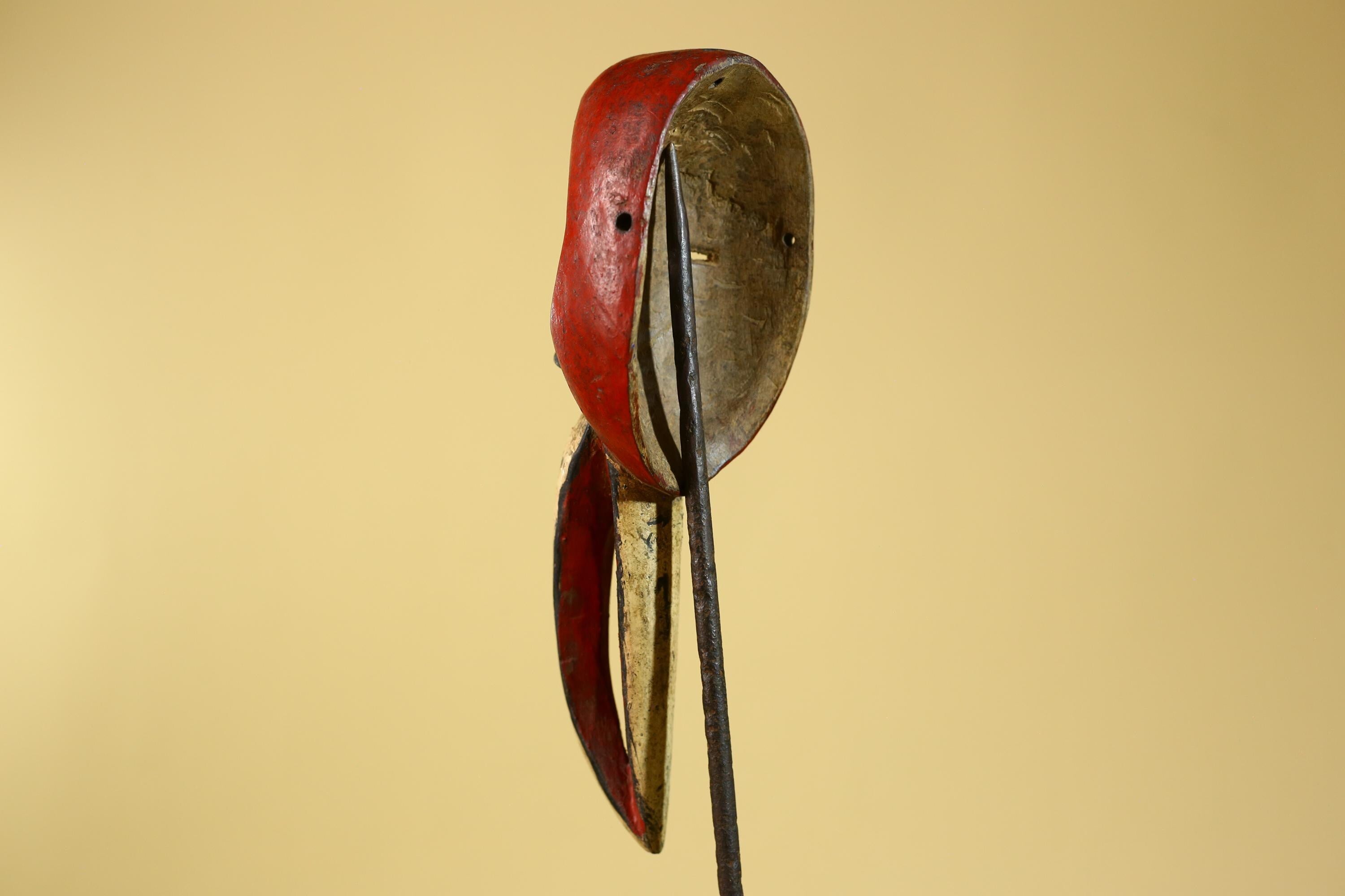 African Dan Bird Mask – Red Painted Wooden Ritual Mask with Long Beak- G6270