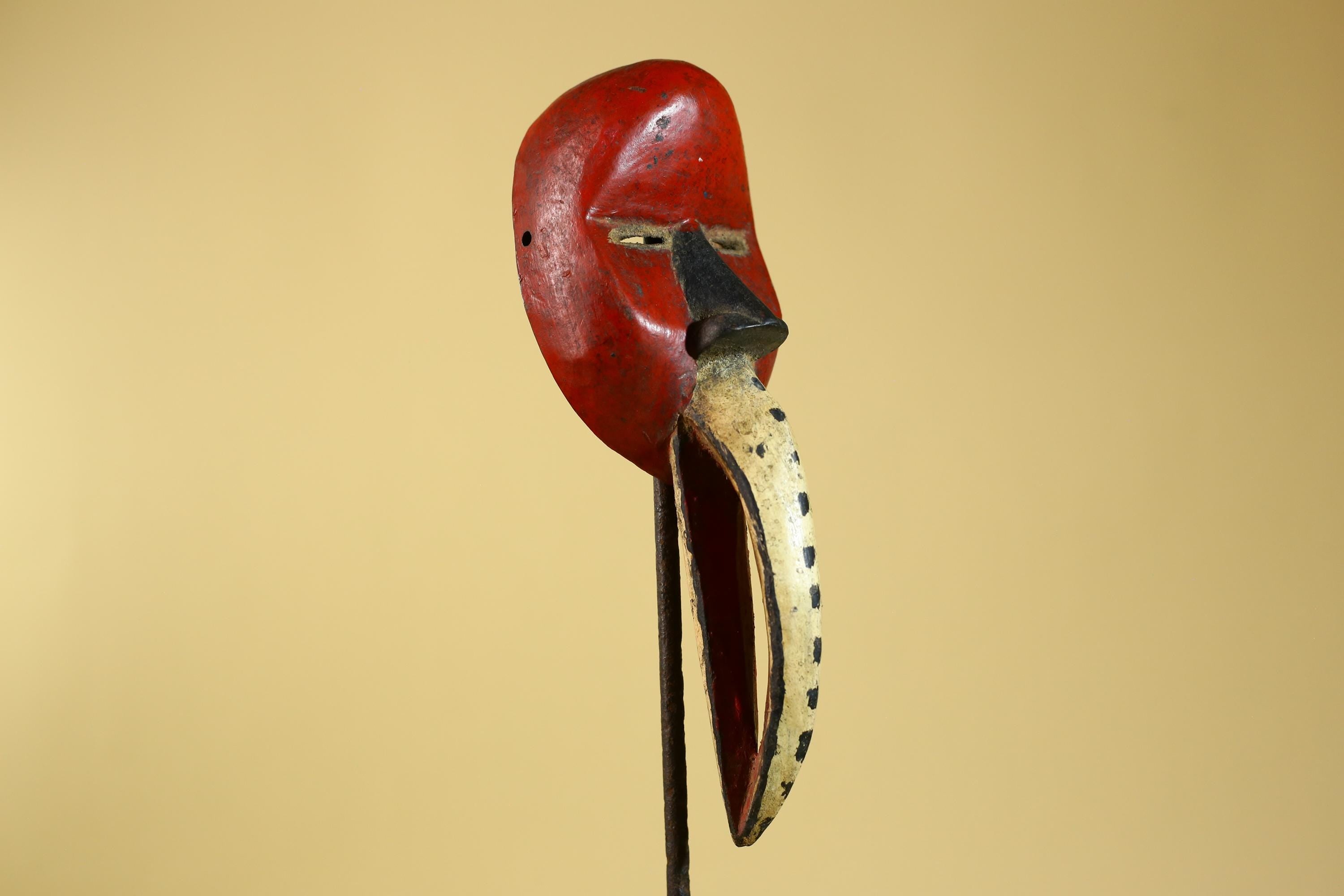 African Dan Bird Mask – Red Painted Wooden Ritual Mask with Long Beak- G6270