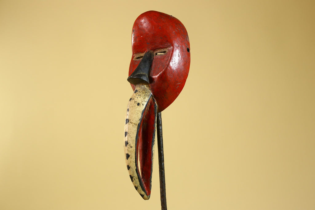 African Dan Bird Mask – Red Painted Wooden Ritual Mask with Long Beak- G6270