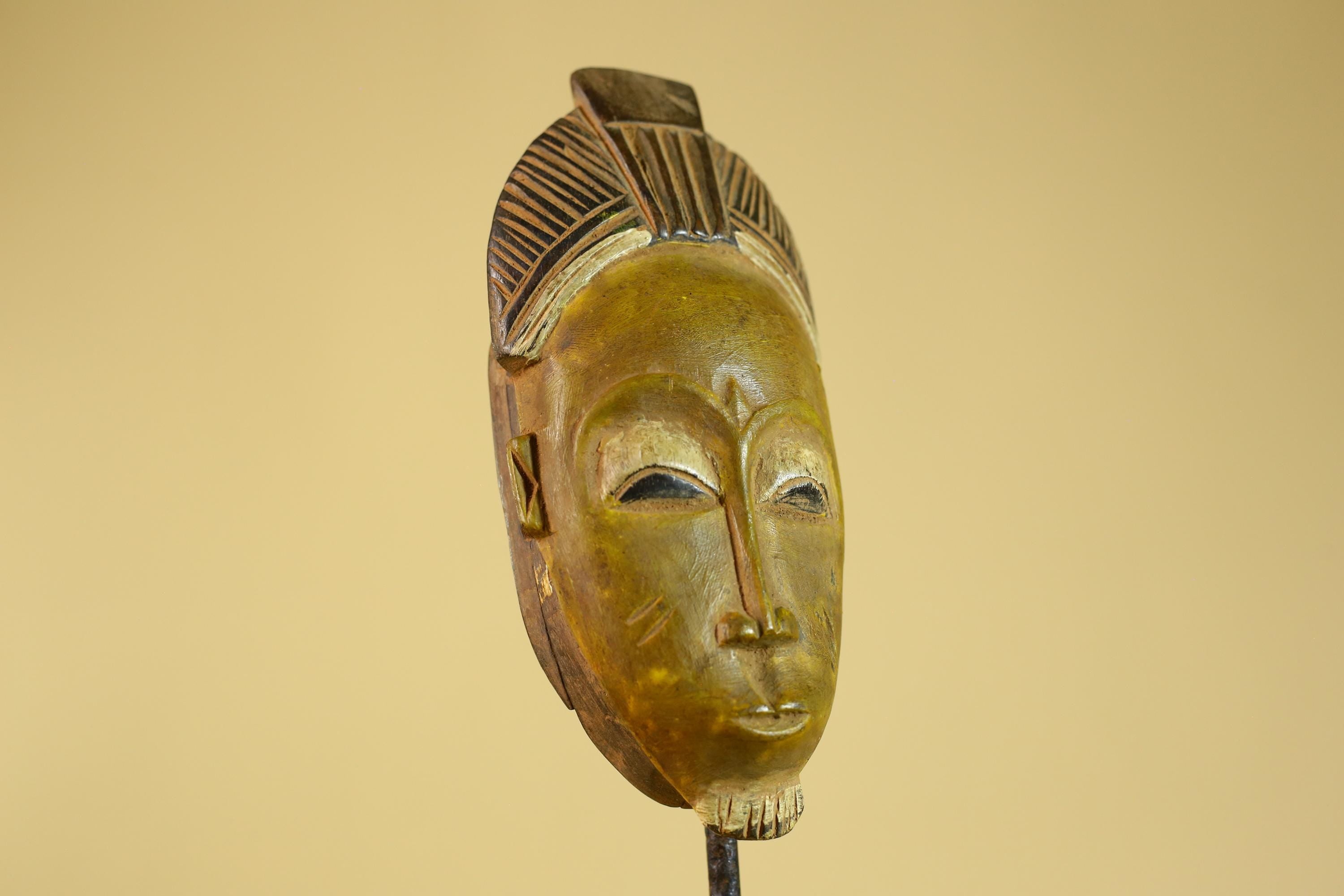 African Baule Portrait Mask – Hand Carved Wood with Geometric Crest-G6275