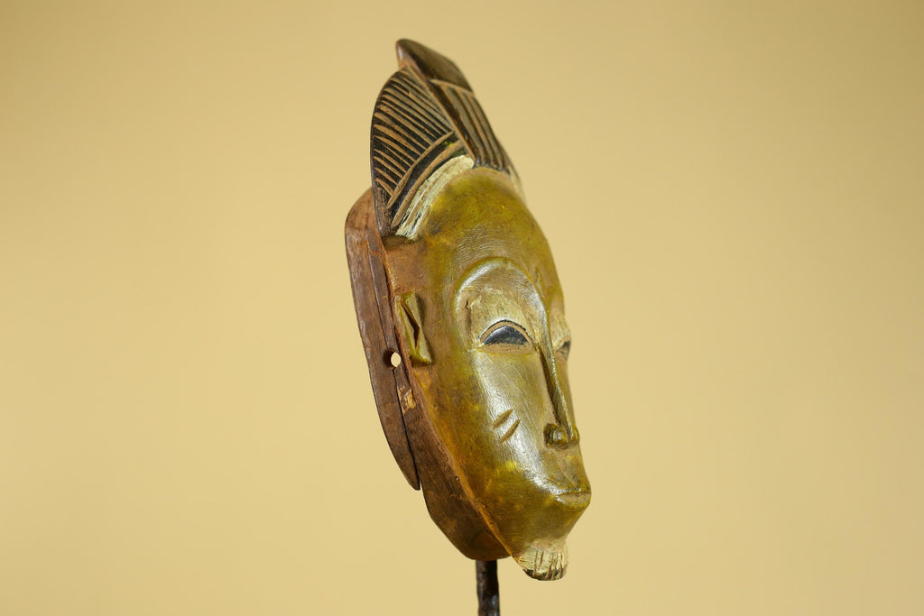 African Baule Portrait Mask – Hand Carved Wood with Geometric Crest-G6275