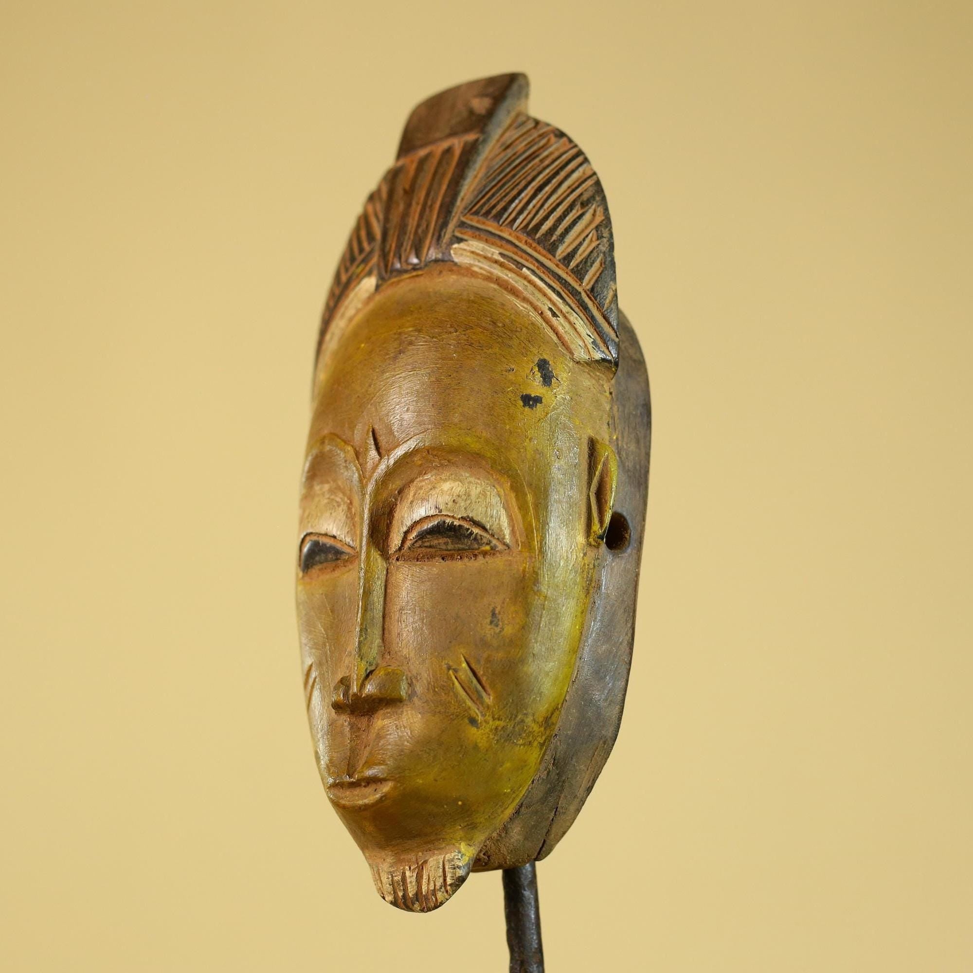African Baule Portrait Mask – Hand Carved Wood with Geometric Crest-G6275