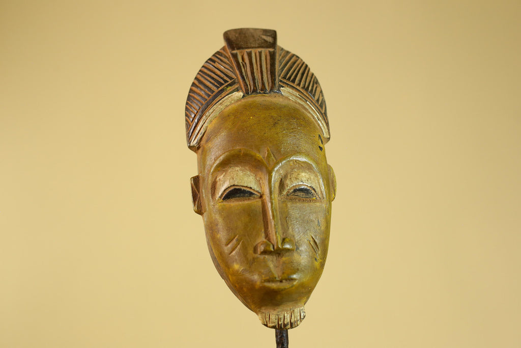 African Baule Portrait Mask – Hand Carved Wood with Geometric Crest-G6275