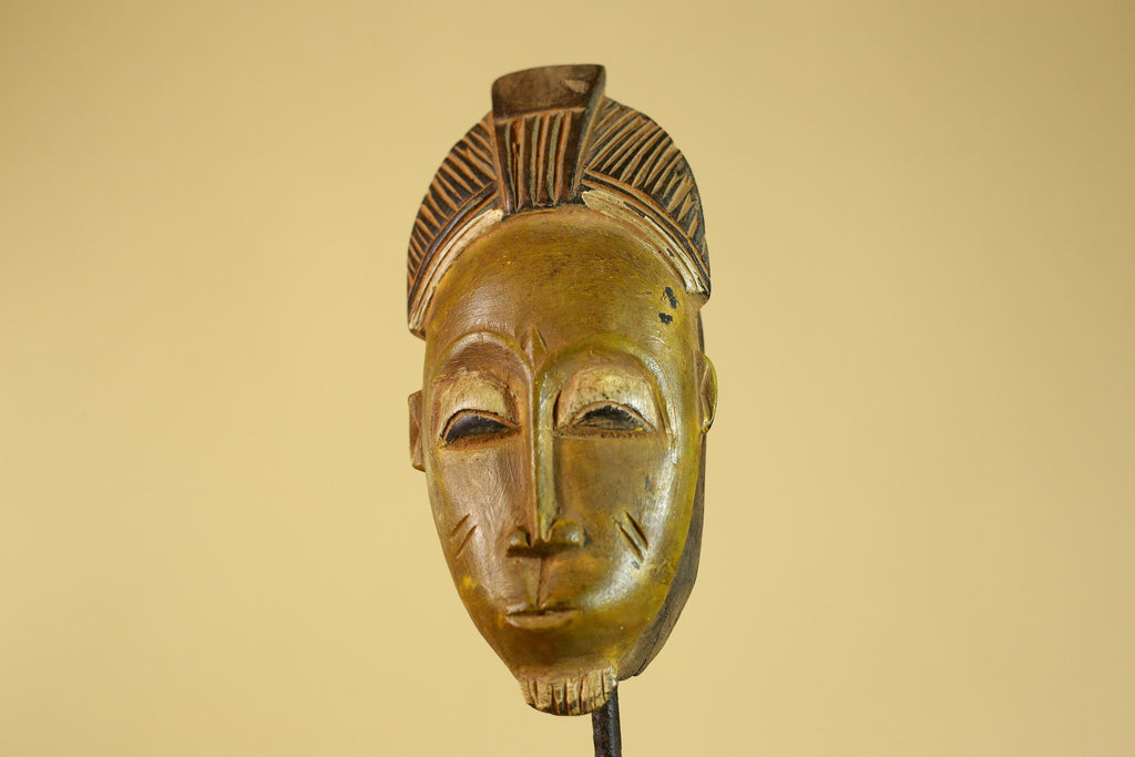 African Baule Portrait Mask – Hand Carved Wood with Geometric Crest-G6275
