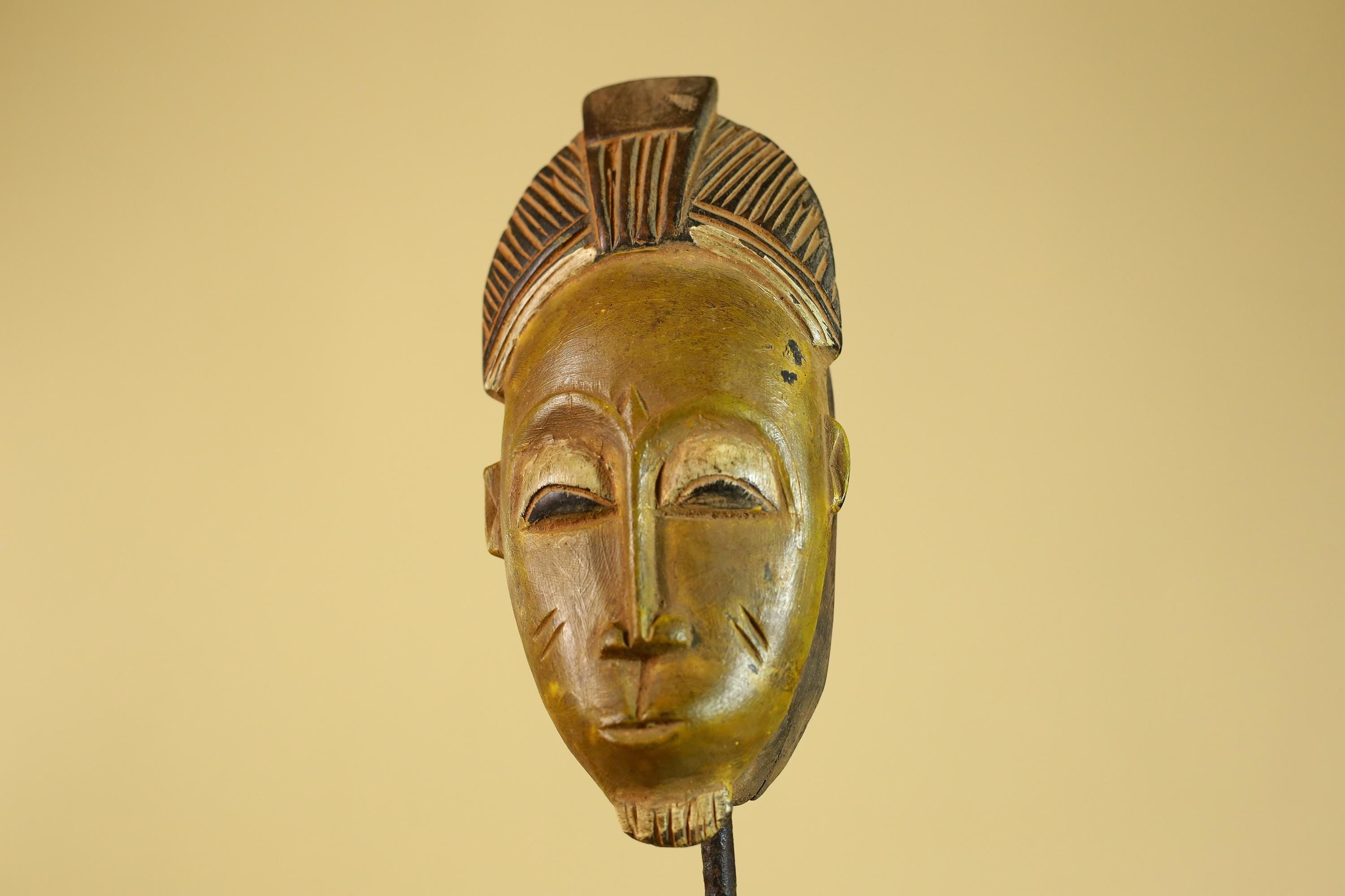 African Baule Portrait Mask – Hand Carved Wood with Geometric Crest-G6275