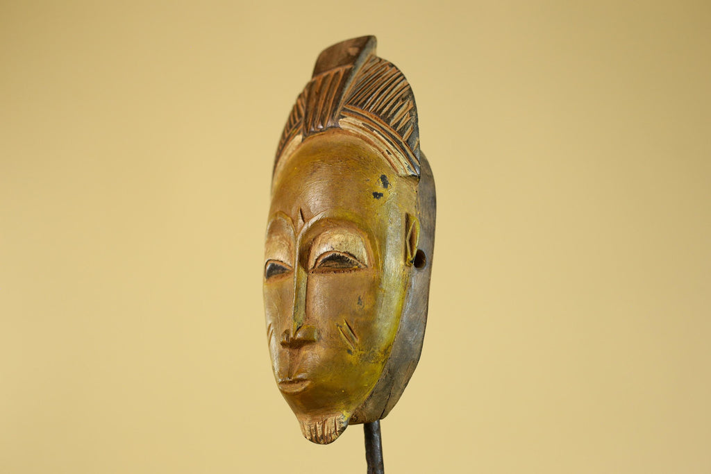 African Baule Portrait Mask – Hand Carved Wood with Geometric Crest-G6275