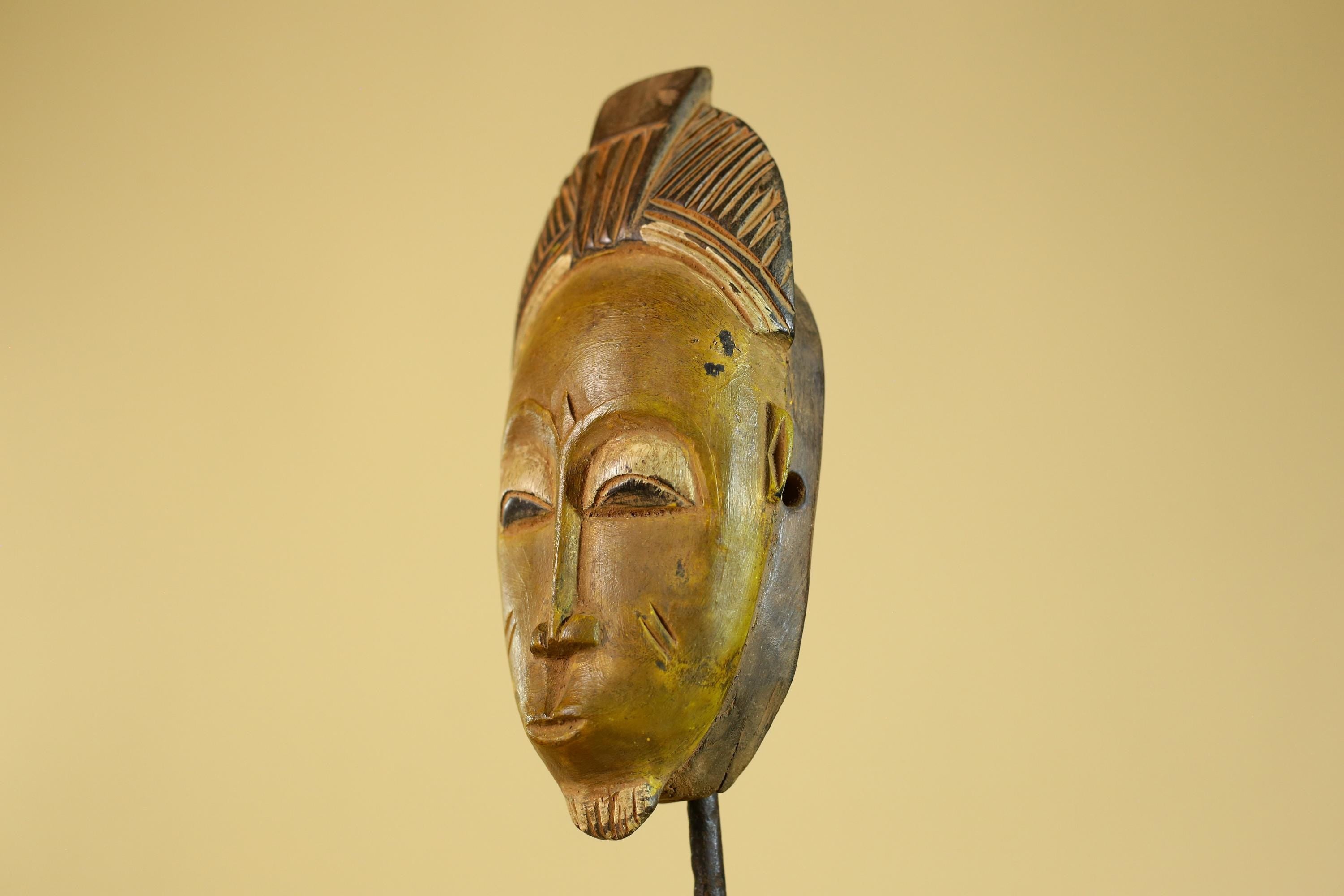 African Baule Portrait Mask – Hand Carved Wood with Geometric Crest-G6275