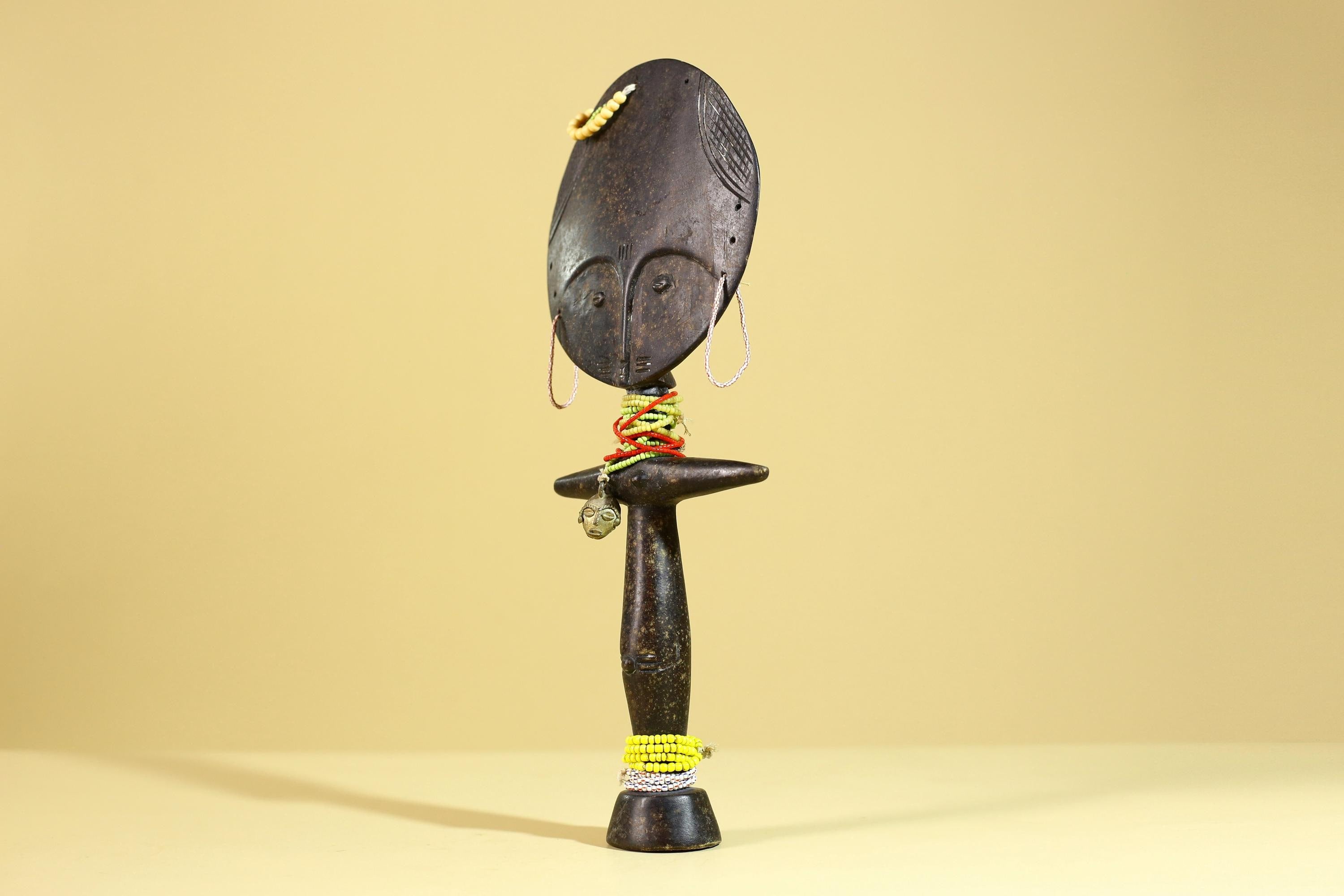 African Fertility Figure Sculpture Hand Carved Wooden Tribal Art With Beads-G6307
