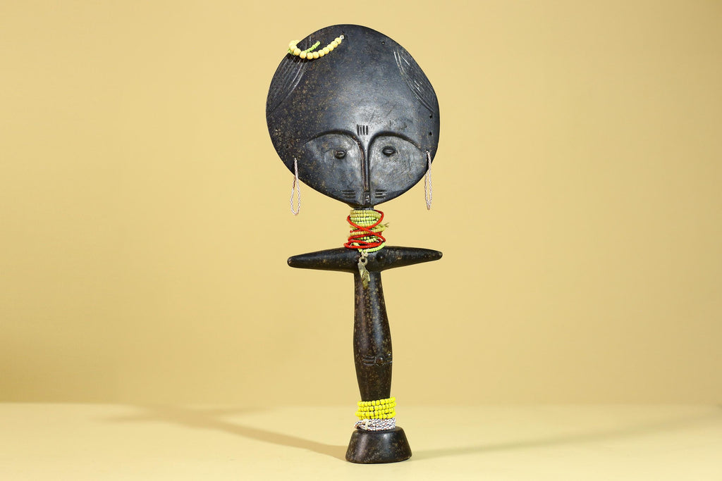 African Fertility Figure Sculpture Hand Carved Wooden Tribal Art With Beads-G6307