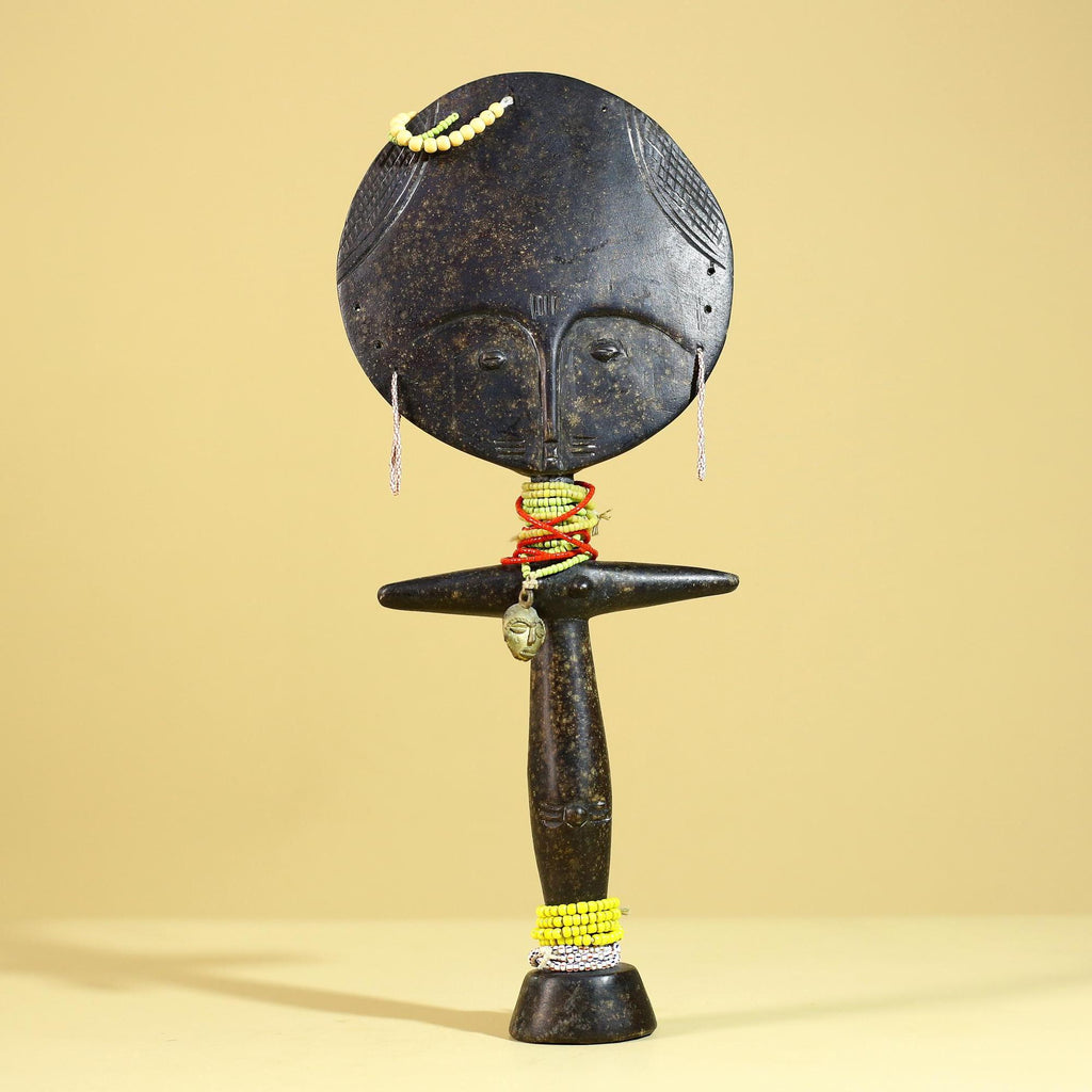 African Fertility Figure Sculpture Hand Carved Wooden Tribal Art With Beads-G6307