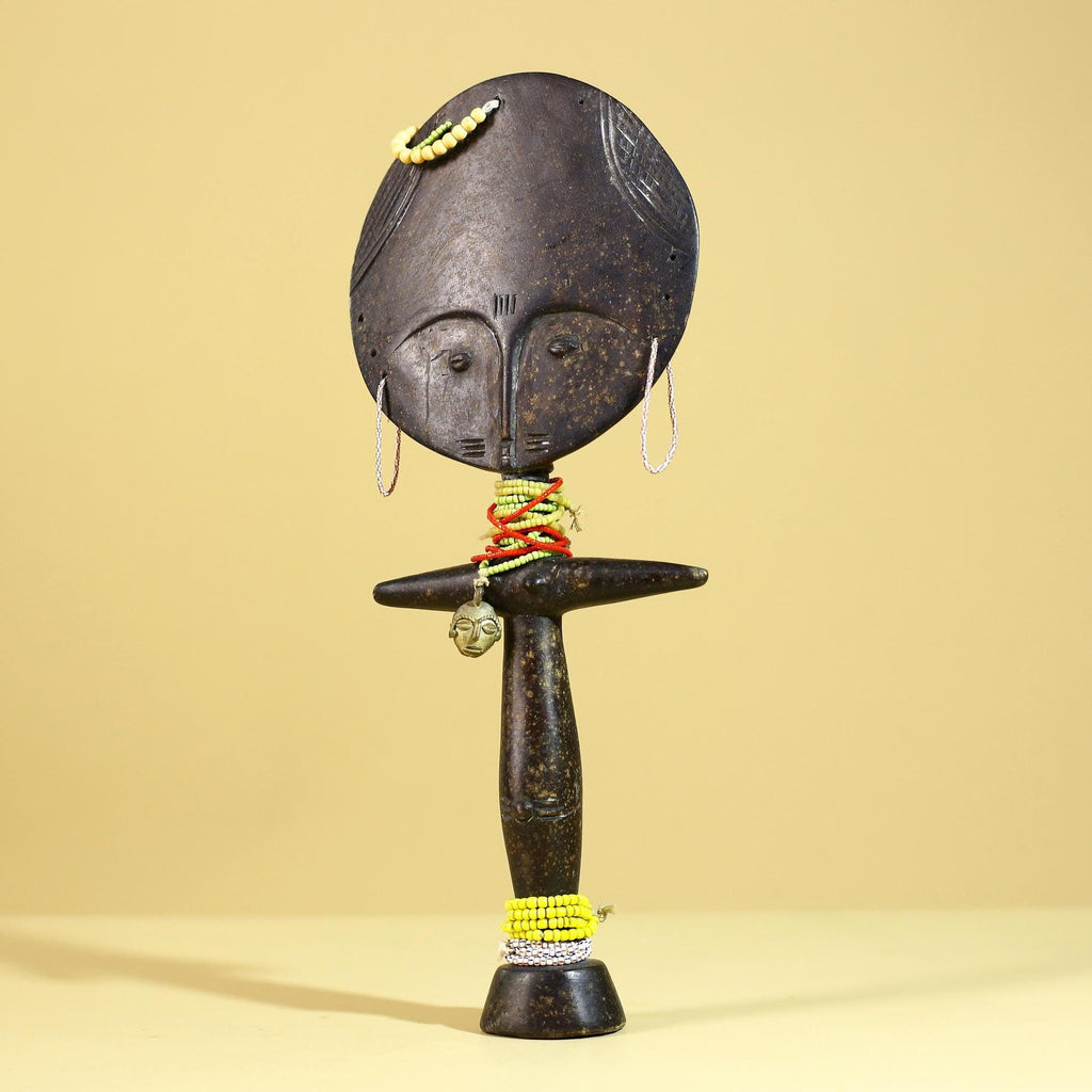 African Fertility Figure Sculpture Hand Carved Wooden Tribal Art With Beads-G6307