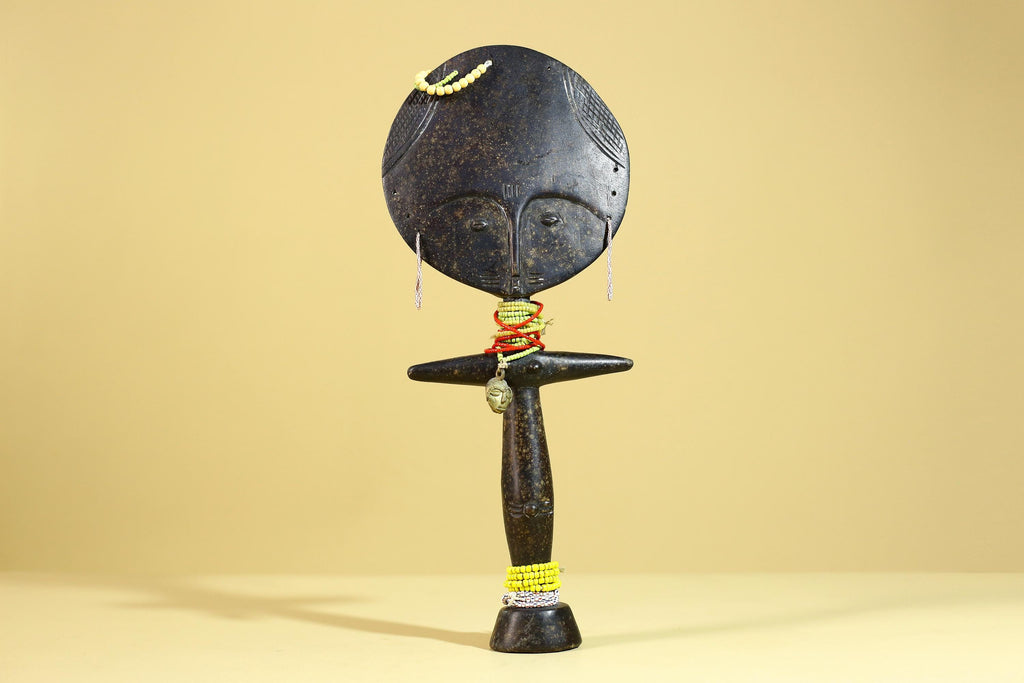African Fertility Figure Sculpture Hand Carved Wooden Tribal Art With Beads-G6307