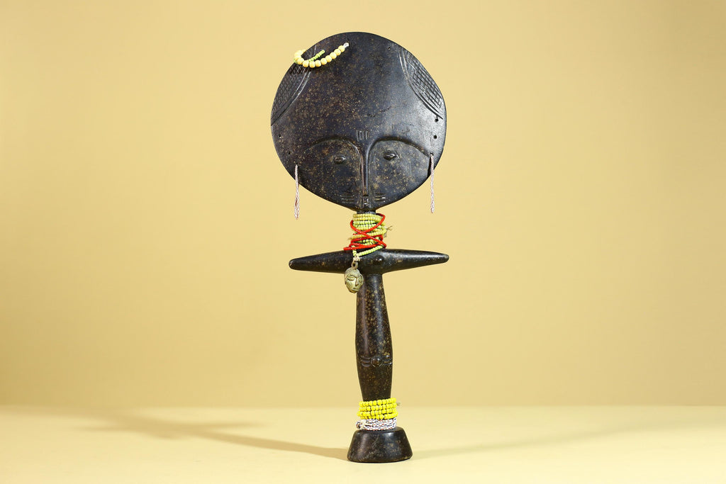 African Fertility Figure Sculpture Hand Carved Wooden Tribal Art With Beads-G6307