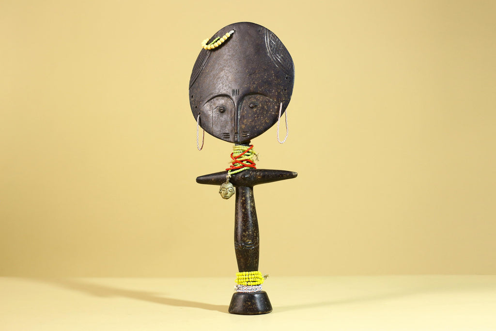 African Fertility Figure Sculpture Hand Carved Wooden Tribal Art With Beads-G6307