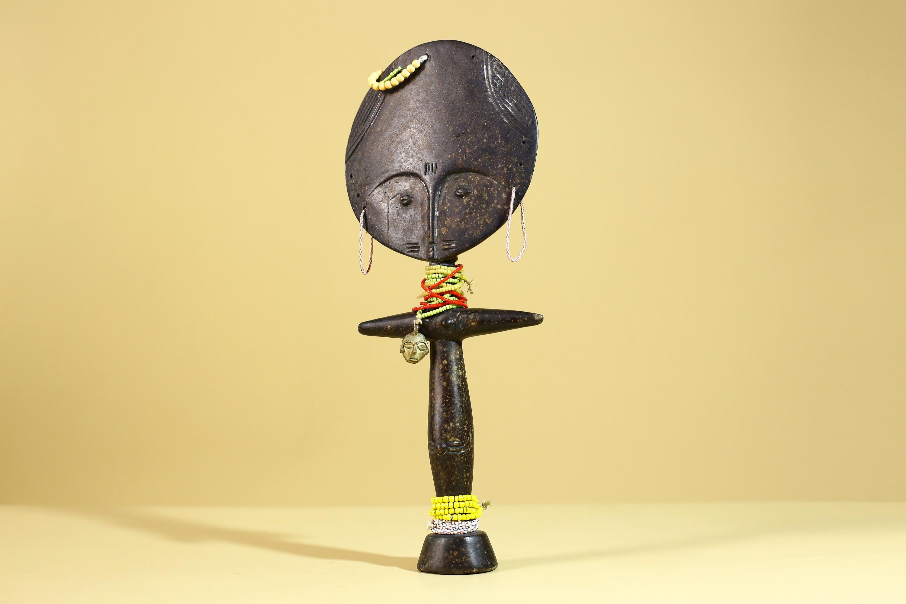 African Fertility Figure Sculpture Hand Carved Wooden Tribal Art With Beads-G6307