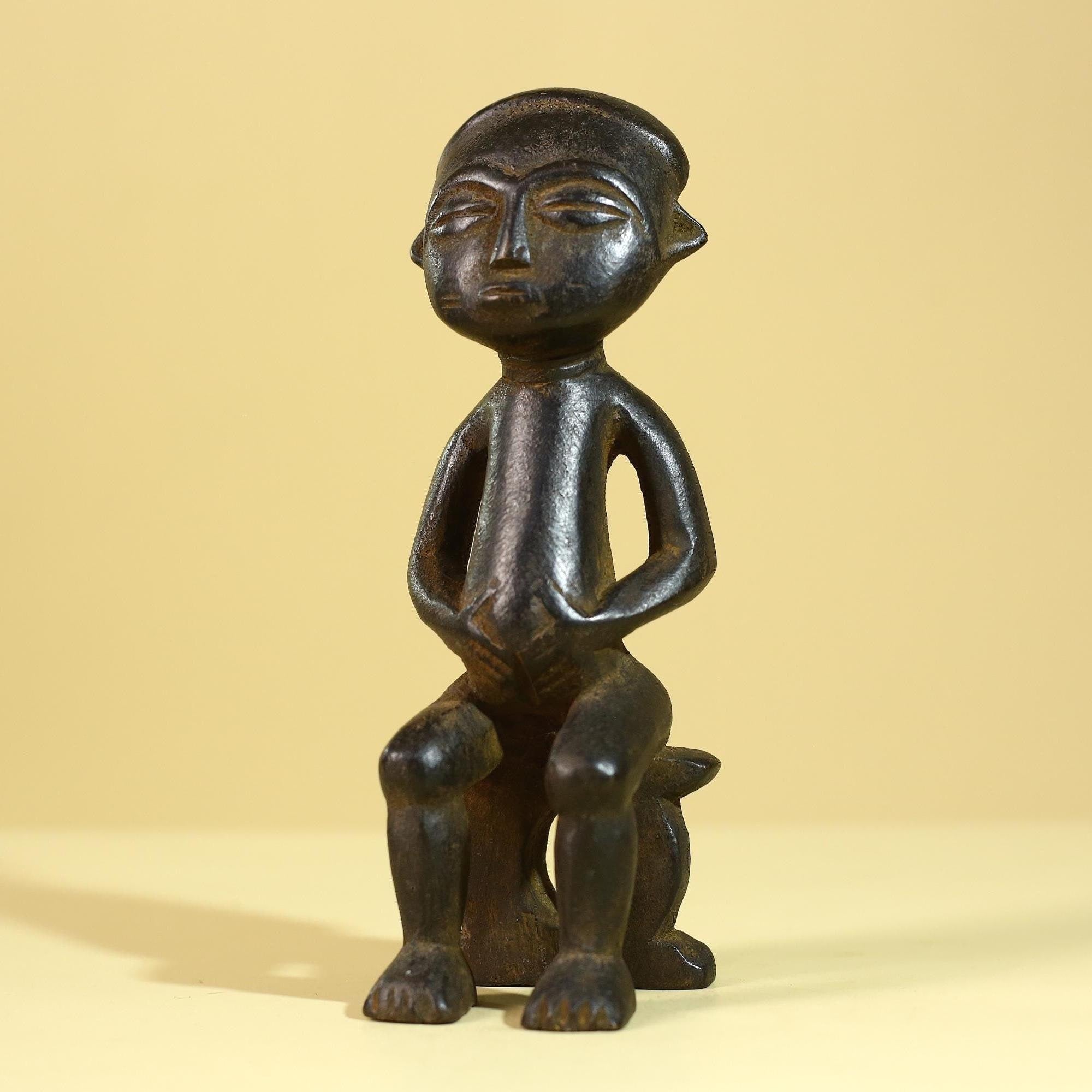 African Seated Wooden Figure, Tribal Hand Carved Sculpture, Vintage Folk Art-G6308